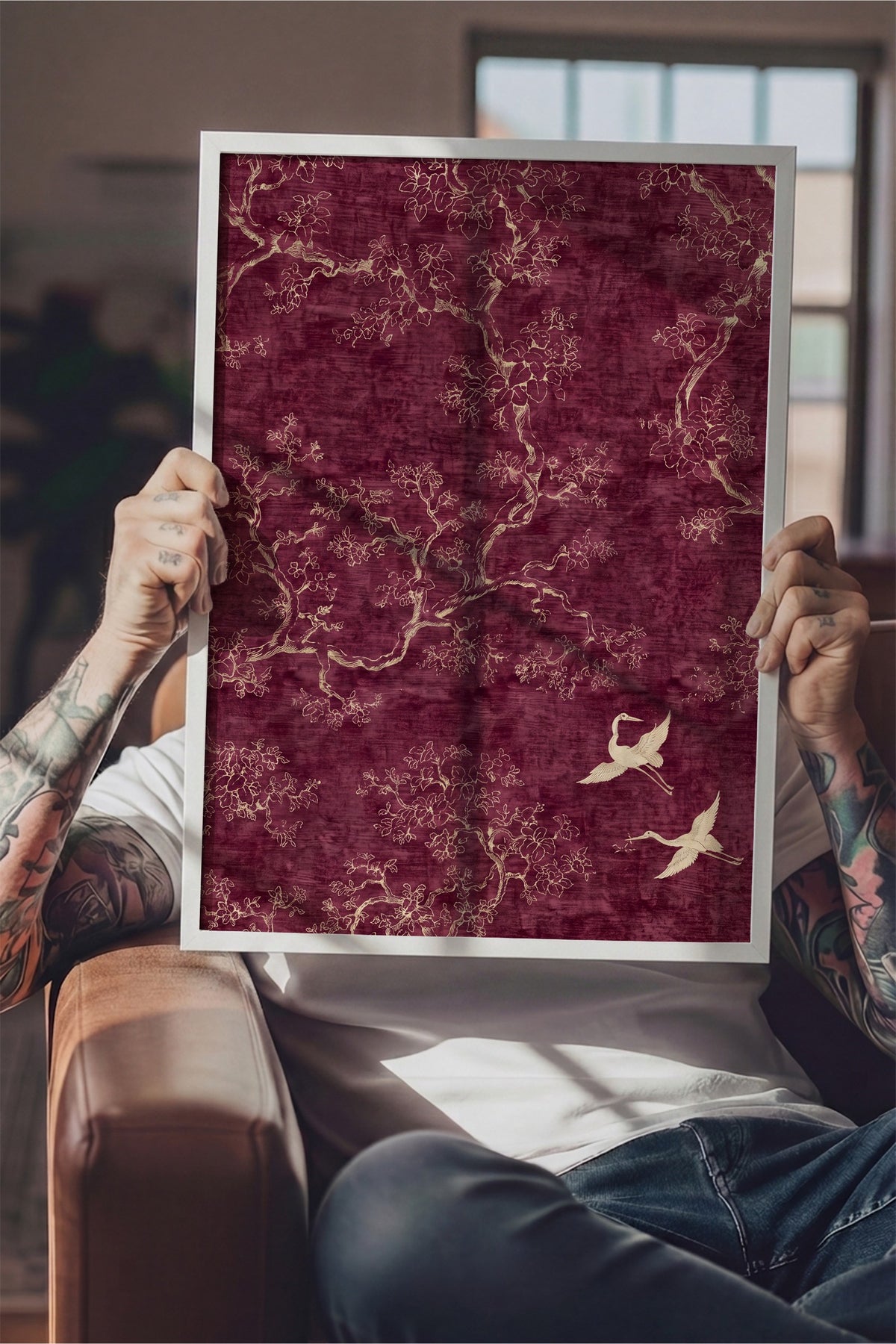 Doğa Motifli Kuş ve Ağaçlar Poster – Beyaz Çerçeveli Tablo
