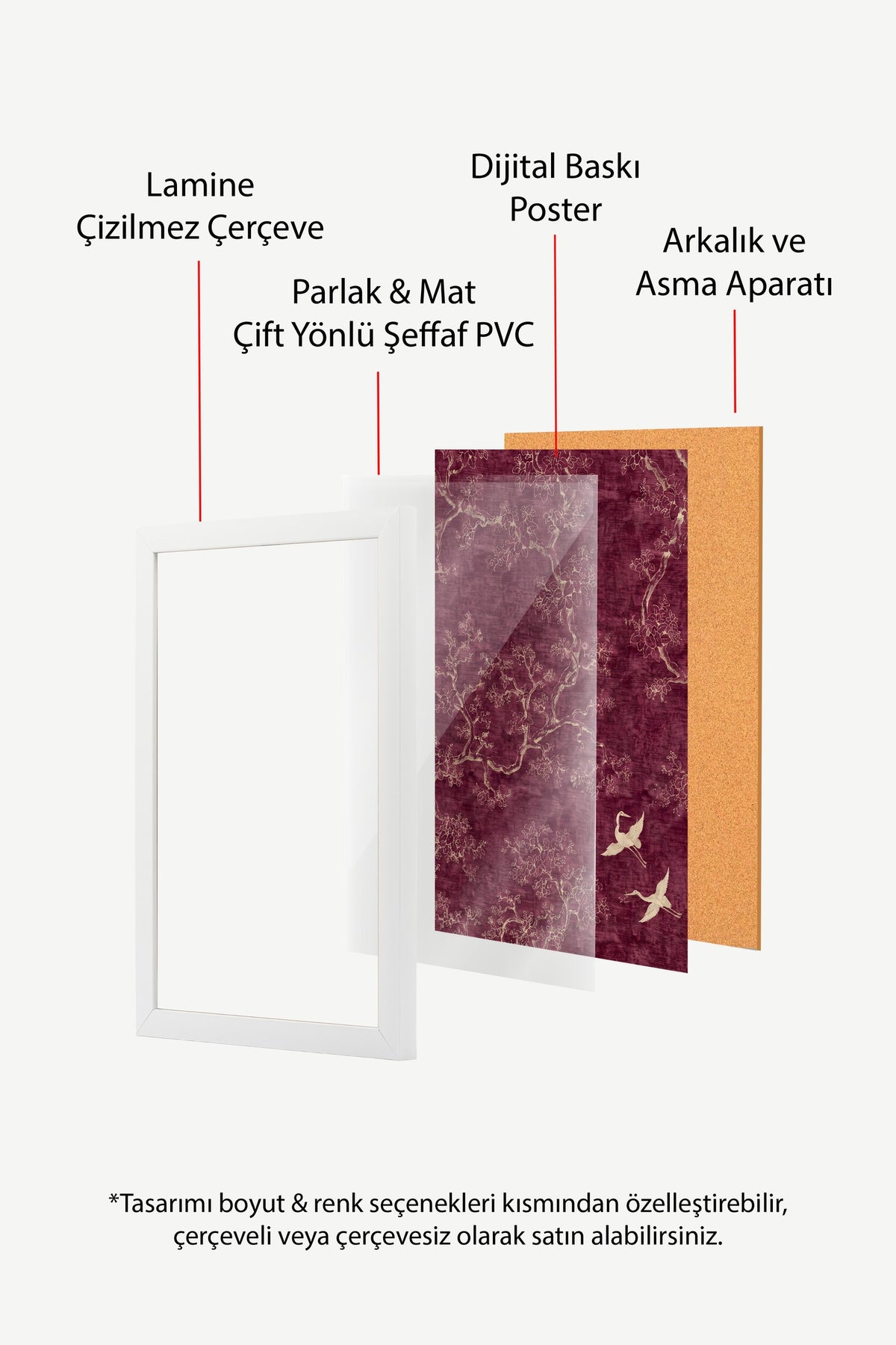 Doğa Motifli Kuş ve Ağaçlar Poster – Beyaz Çerçeveli Tablo
