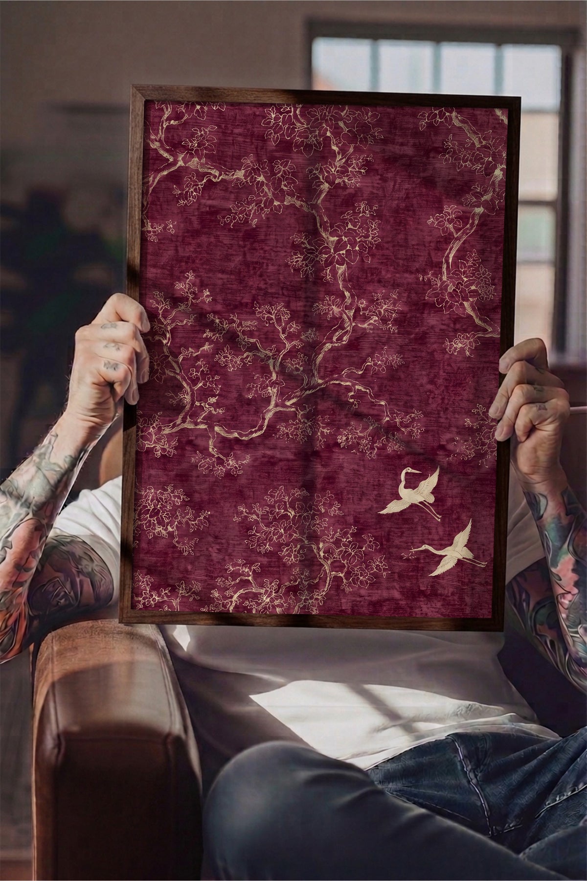 Doğa Motifli Kuş ve Ağaçlar Poster – Kahverengi Çerçeveli Tablo