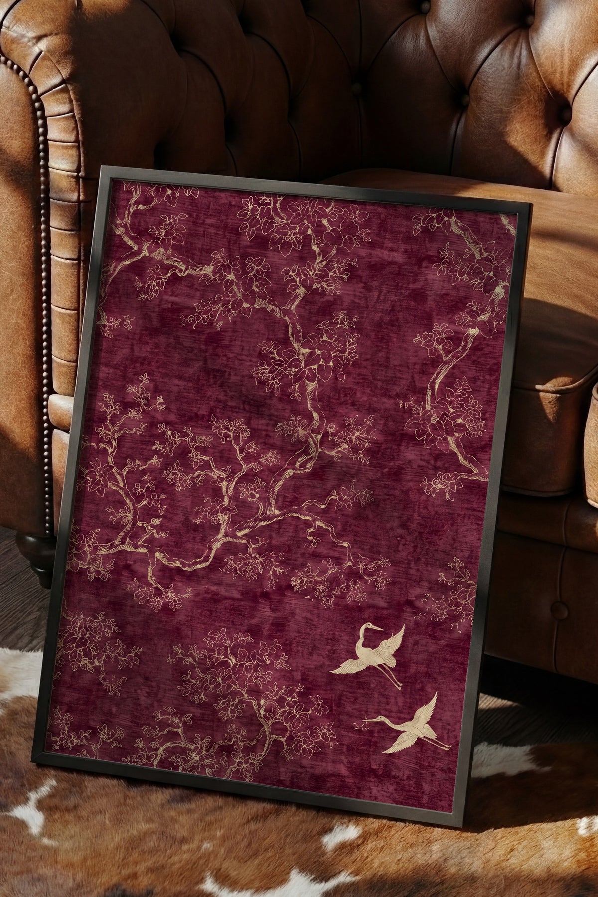 Doğa Motifli Kuş ve Ağaçlar Poster – Siyah Çerçeveli Tablo
