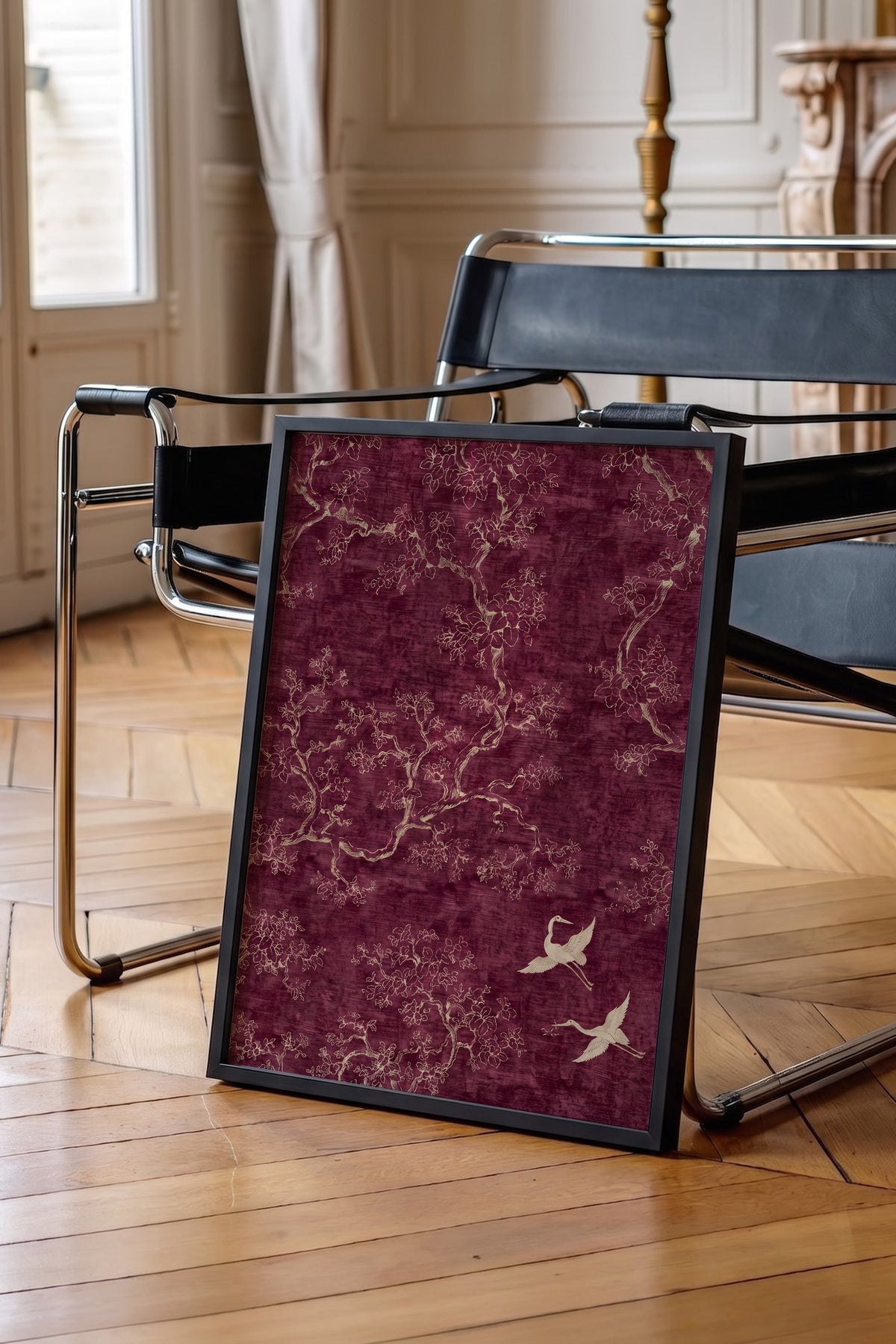 Doğa Motifli Kuş ve Ağaçlar Poster – Siyah Çerçeveli Tablo