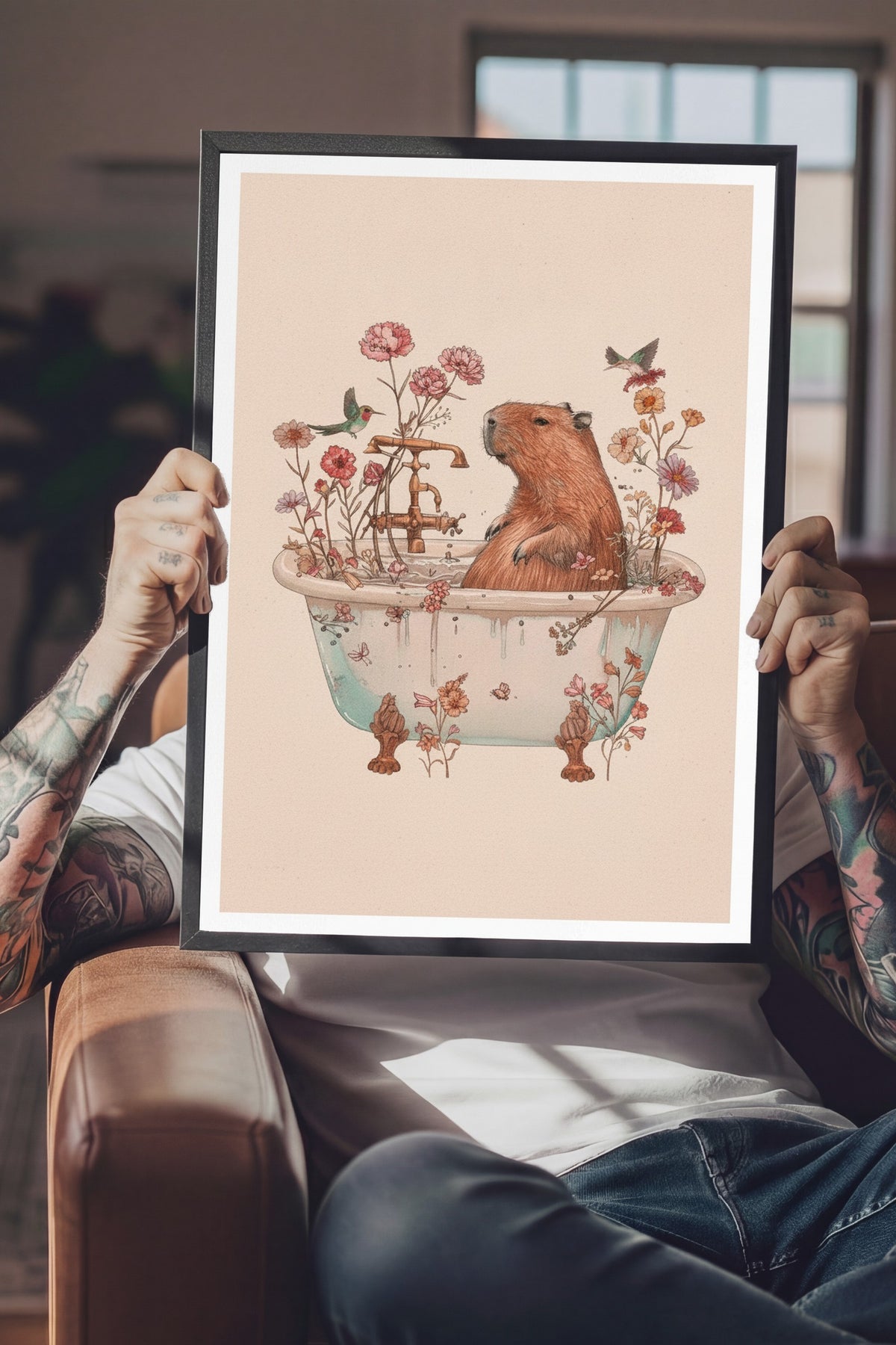 Çiçekli Küvette Kapibara Poster – Siyah Çerçeveli Tablo