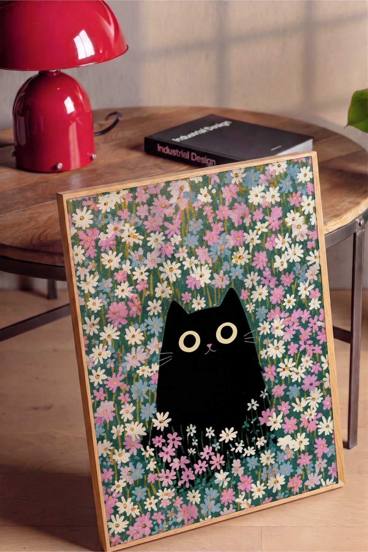 Papatya Bahçesinde Kedi Poster – Ahşap Çerçeveli Tablo