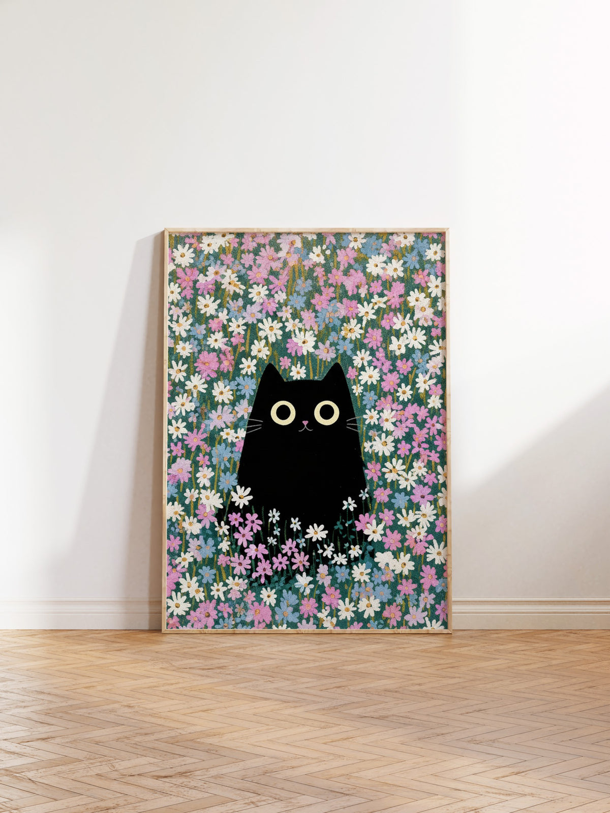 Papatya Bahçesinde Kedi Poster – Ahşap Çerçeveli Tablo