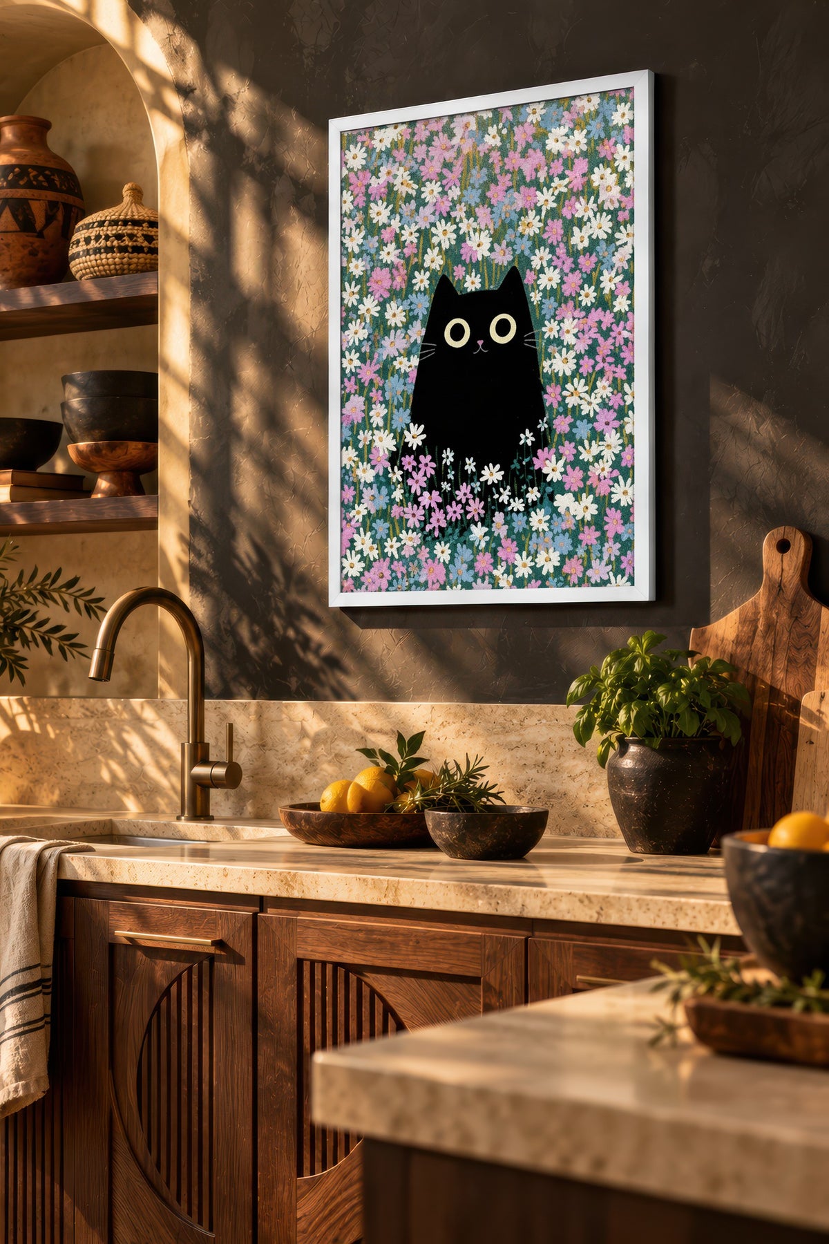 Papatya Bahçesinde Kedi Poster – Beyaz Çerçeveli Tablo