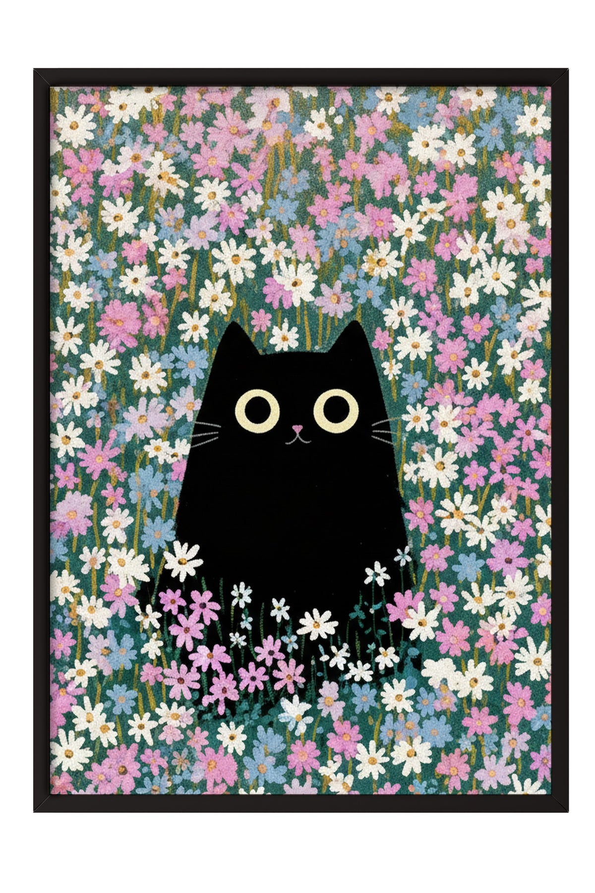 Papatya Bahçesinde Kedi Poster – Siyah Çerçeveli Tablo