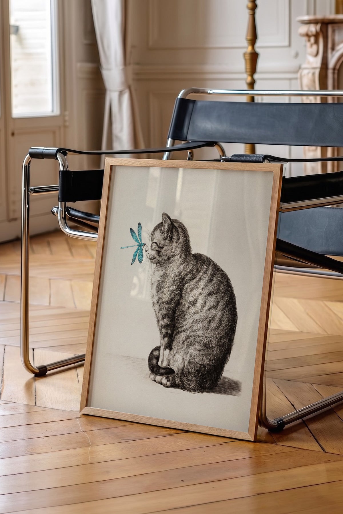 Yusufçuklu Yavru Kedi Çizimi Poster – Ahşap Çerçeveli Tablo