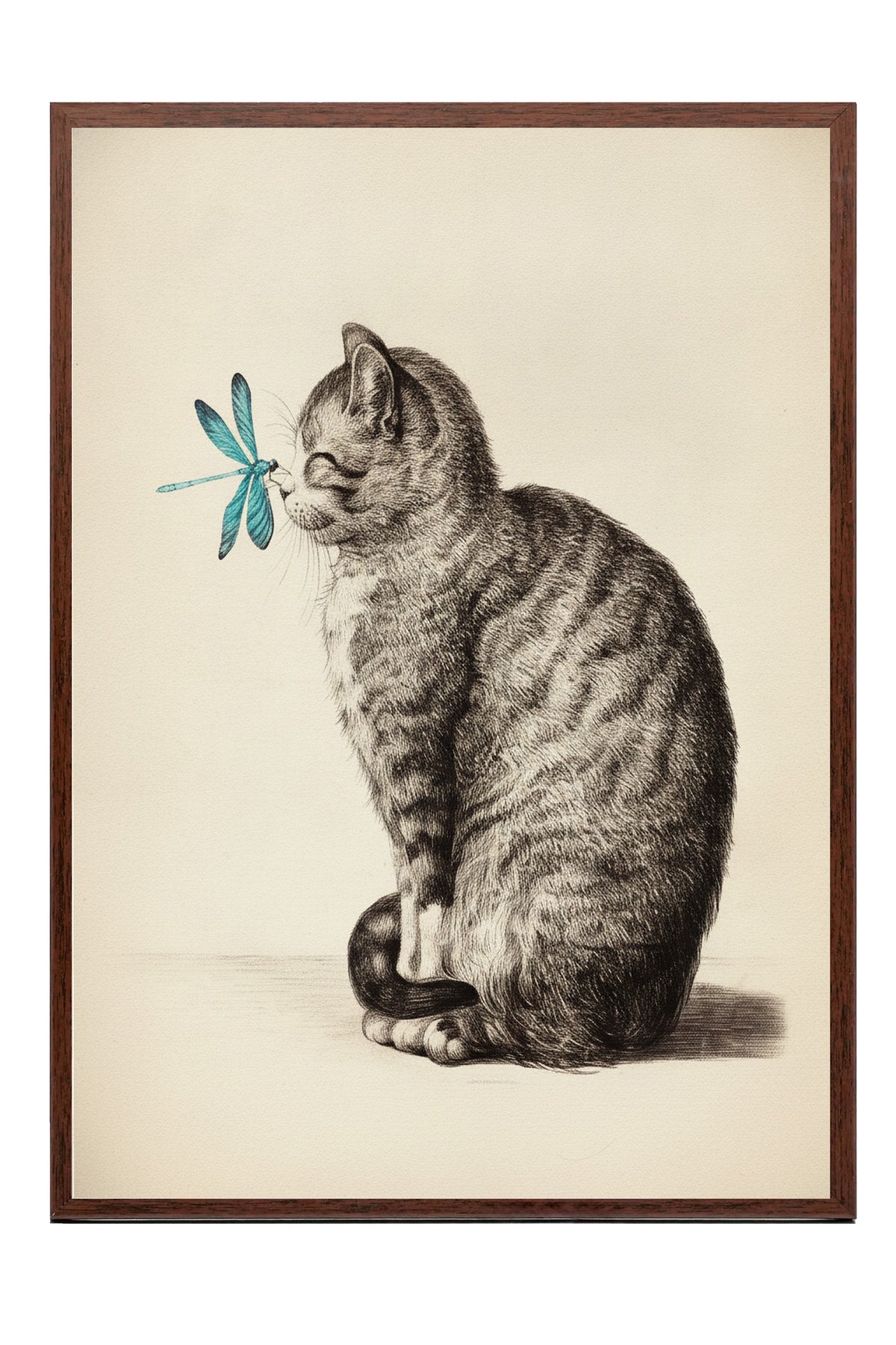 Yusufçuklu Yavru Kedi Çizimi Poster – Kahverengi Çerçeveli Tablo