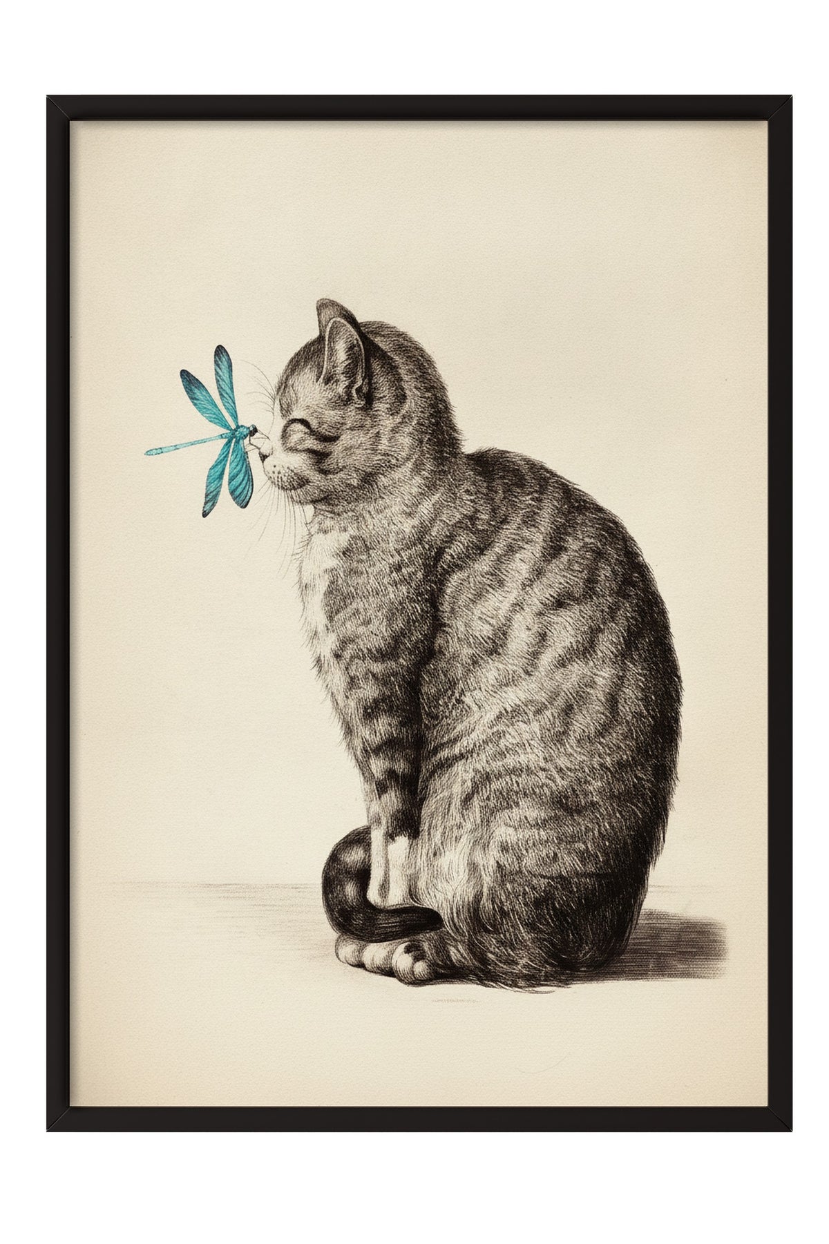 Yusufçuklu Yavru Kedi Çizimi Poster – Siyah Çerçeveli Tablo