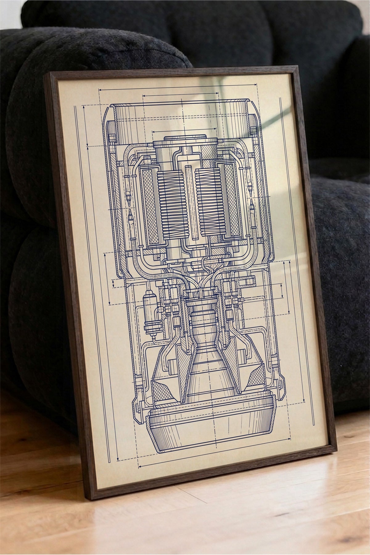 Roket Motoru Teknik Şeması Poster – Kahverengi Çerçeveli Tablo