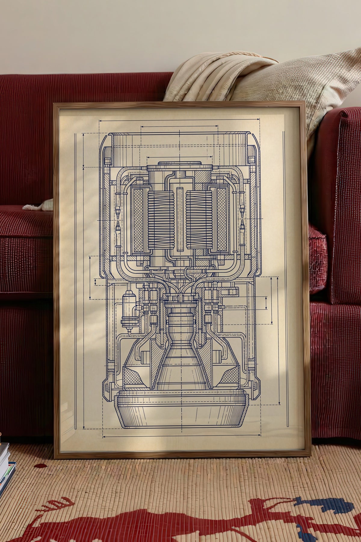 Roket Motoru Teknik Şeması Poster – Kahverengi Çerçeveli Tablo