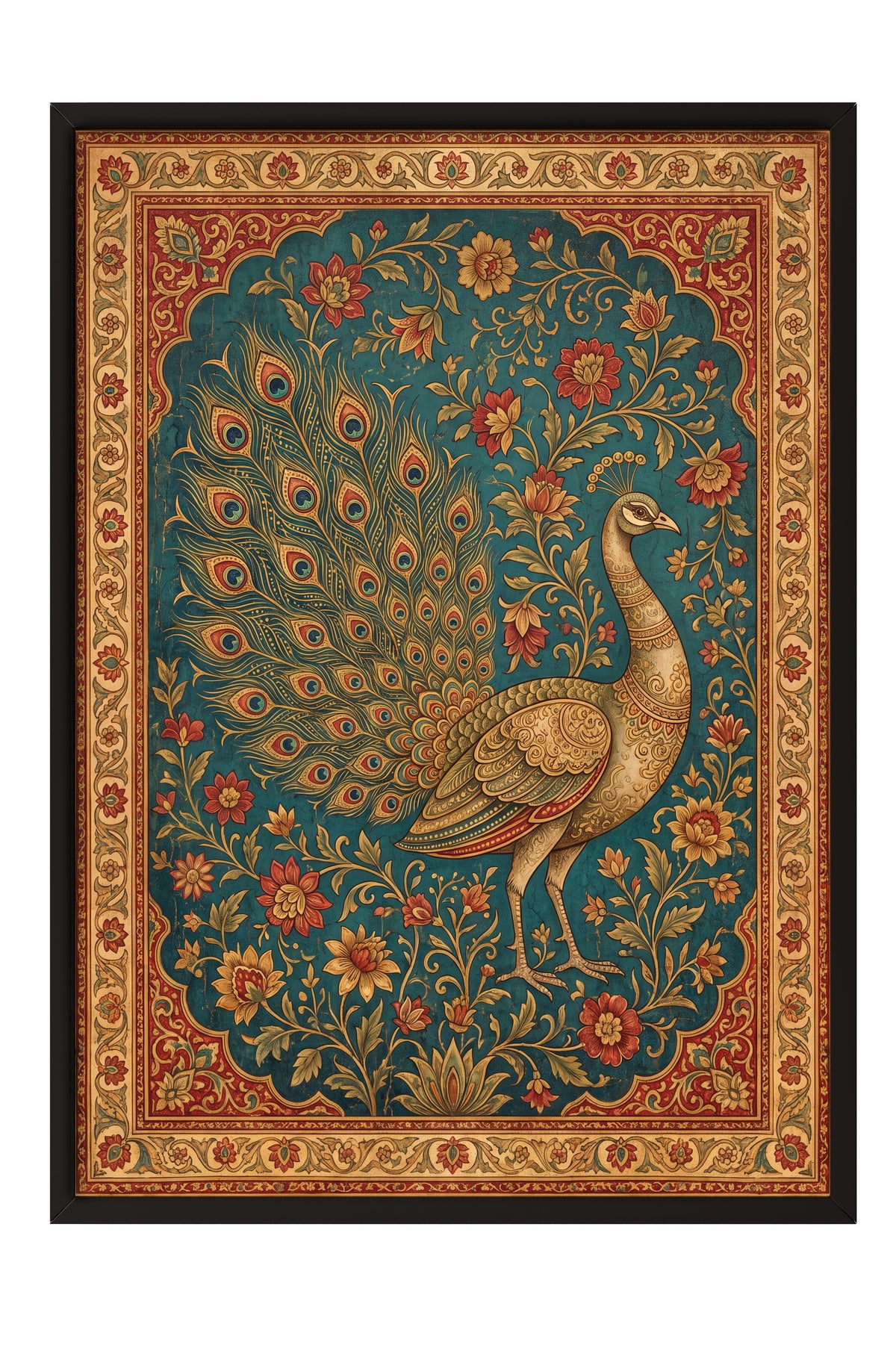 Süslemeli Tavus Kuşu Deseni Poster – Siyah Çerçeveli Tablo