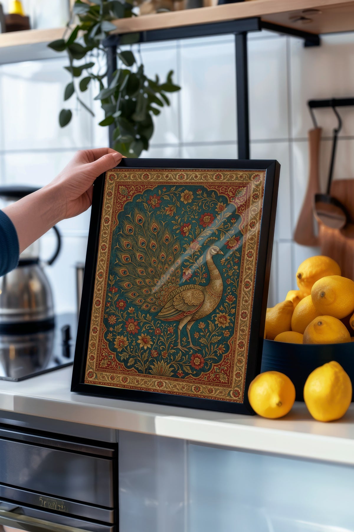 Süslemeli Tavus Kuşu Deseni Poster – Siyah Çerçeveli Tablo