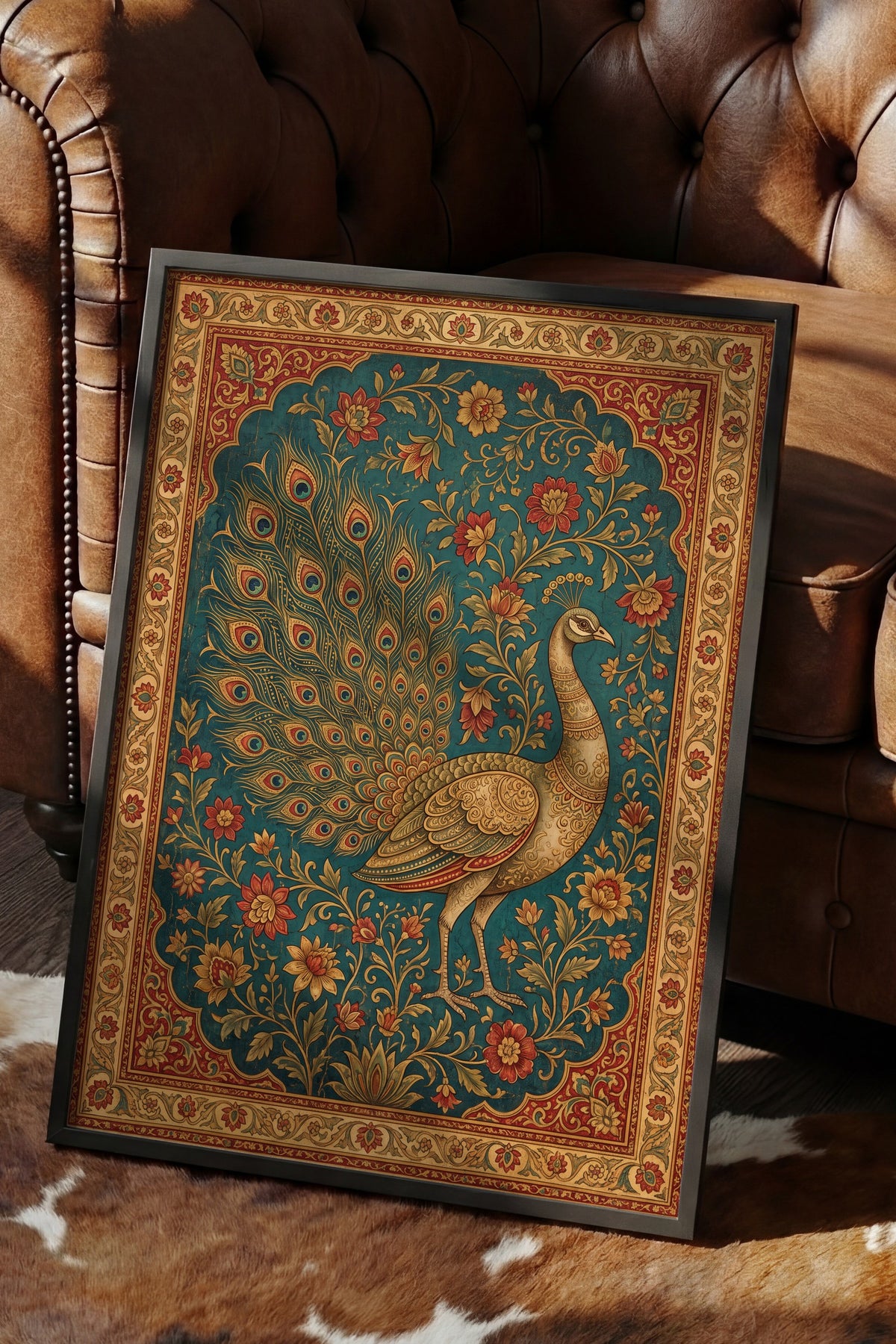 Süslemeli Tavus Kuşu Deseni Poster – Siyah Çerçeveli Tablo