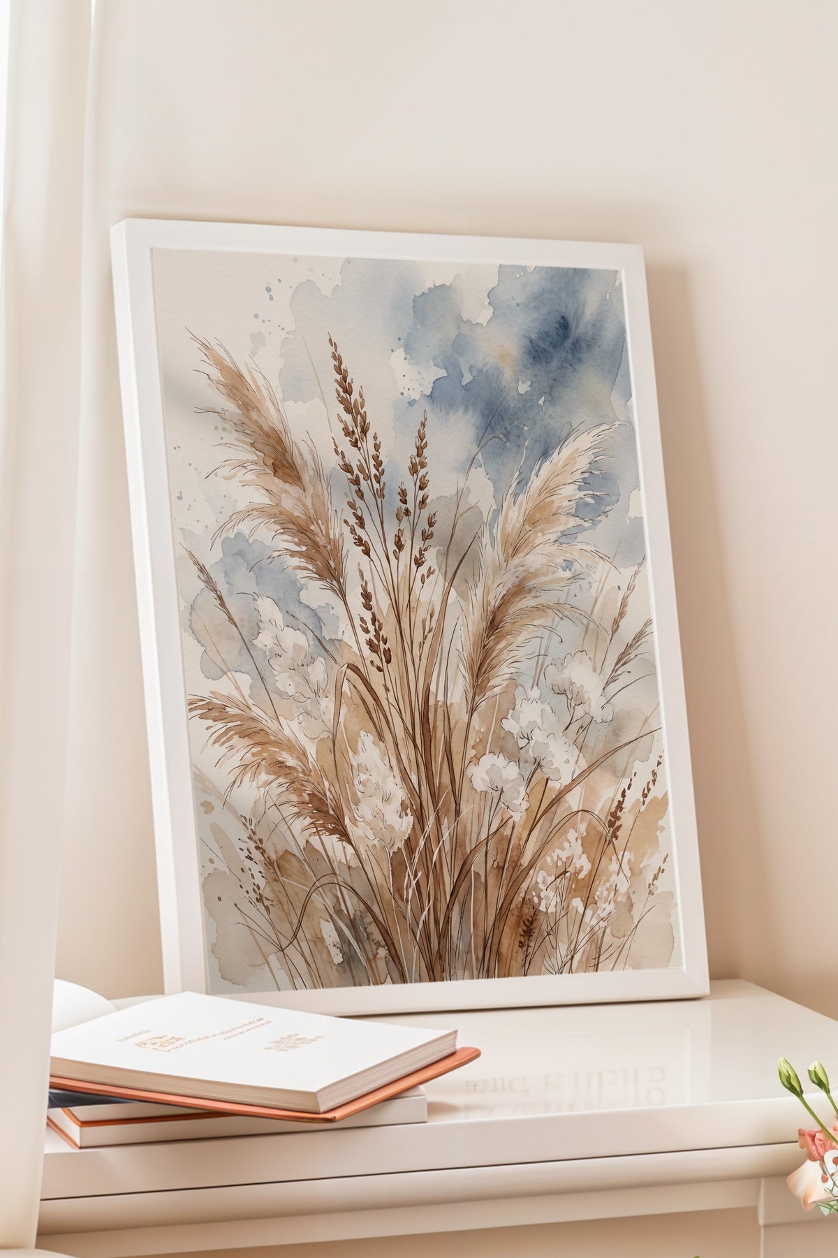 Kuru Otlar ve Pampas Rüzgarı Poster – Beyaz Çerçeveli Tablo