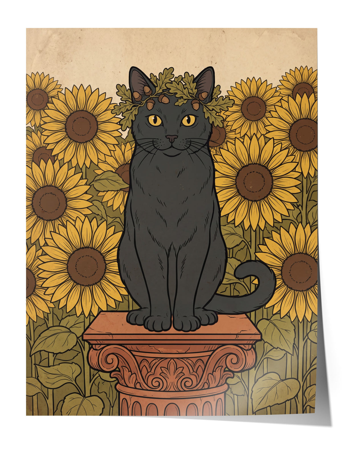 Ayçiçeği Bahçesinde Taç Takan Kedi Çerçevesiz Poster