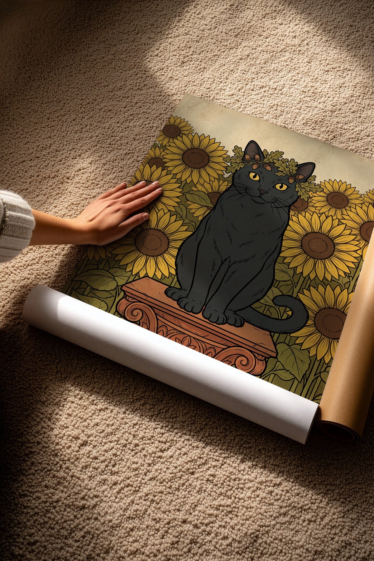 Ayçiçeği Bahçesinde Taç Takan Kedi Çerçevesiz Poster