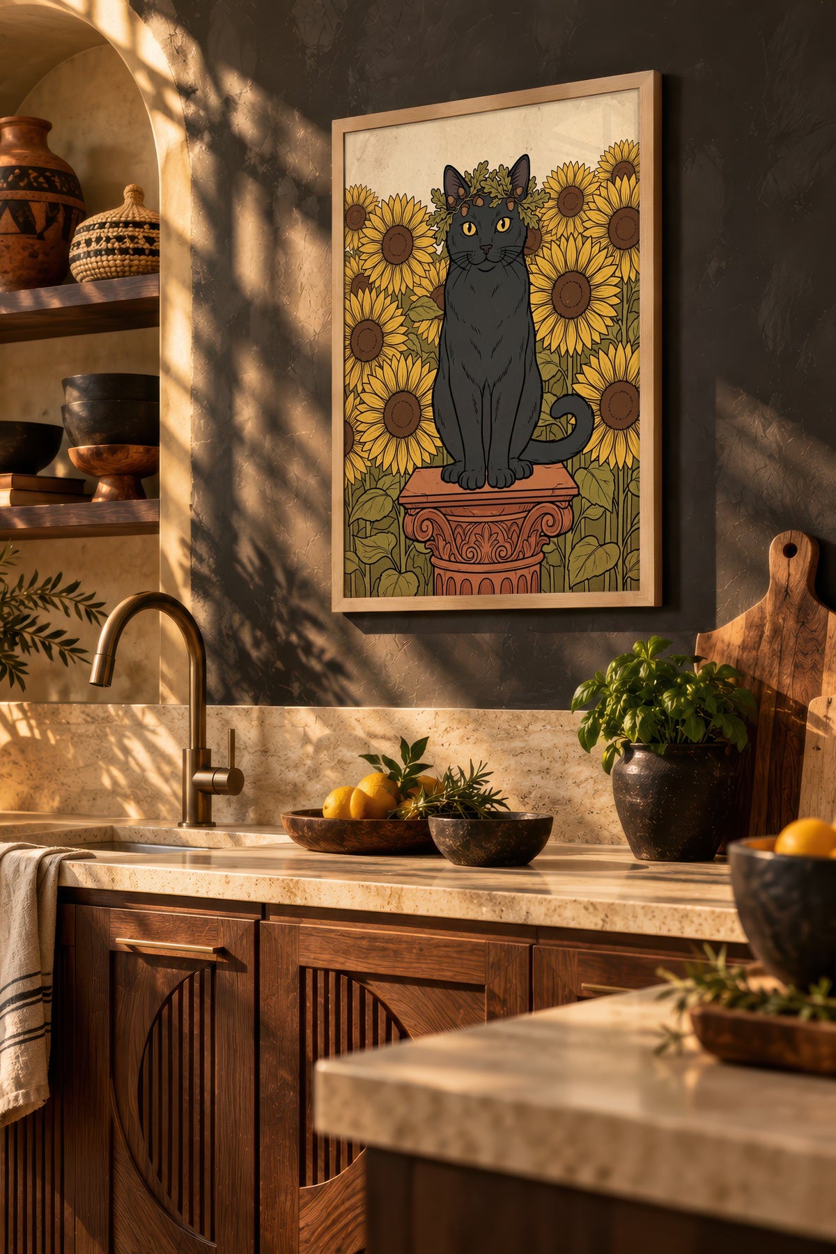 Ayçiçeği Bahçesinde Taç Takan Kedi Poster – Ahşap Çerçeveli Tablo
