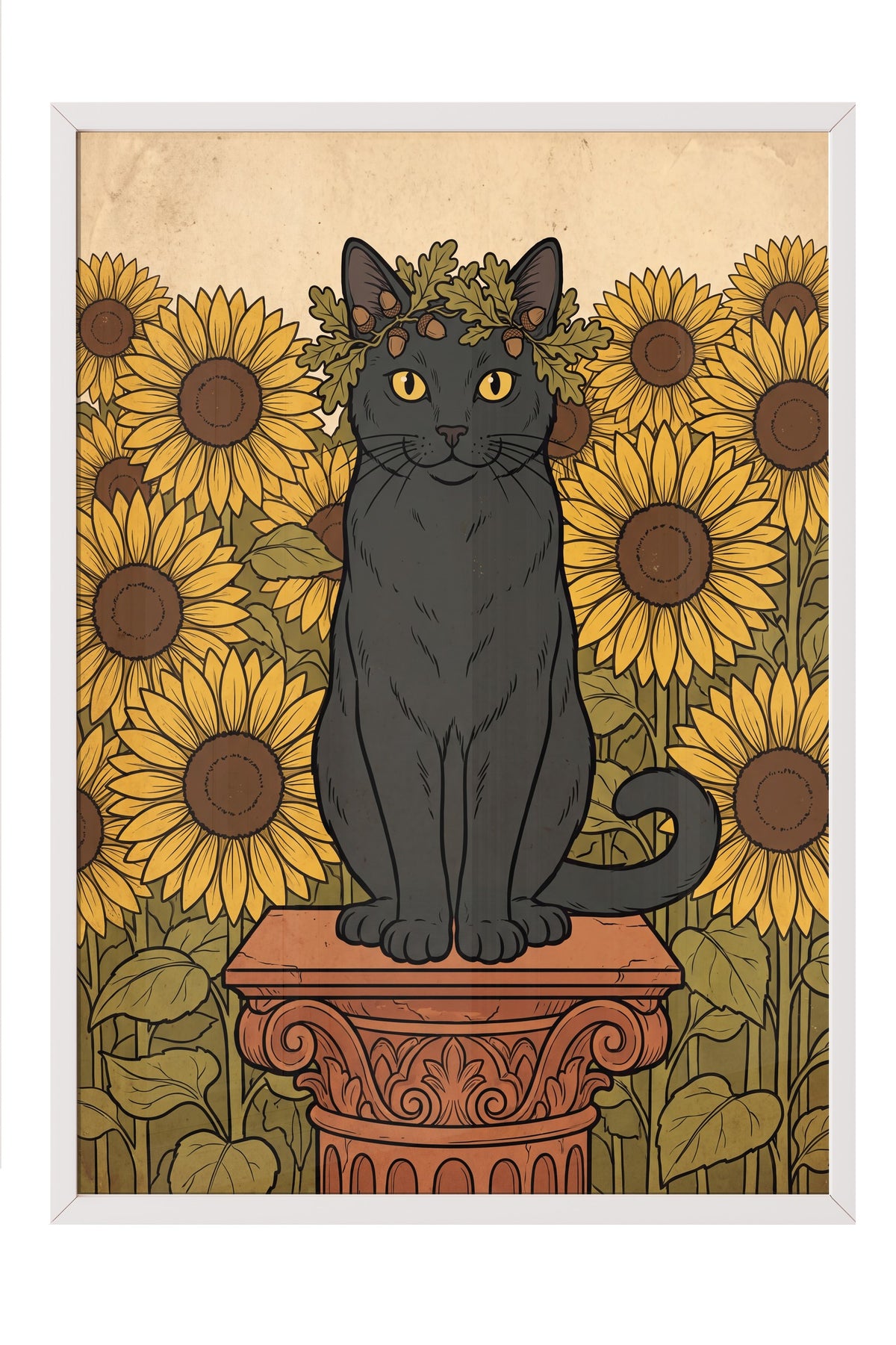 Ayçiçeği Bahçesinde Taç Takan Kedi Poster – Beyaz Çerçeveli Tablo