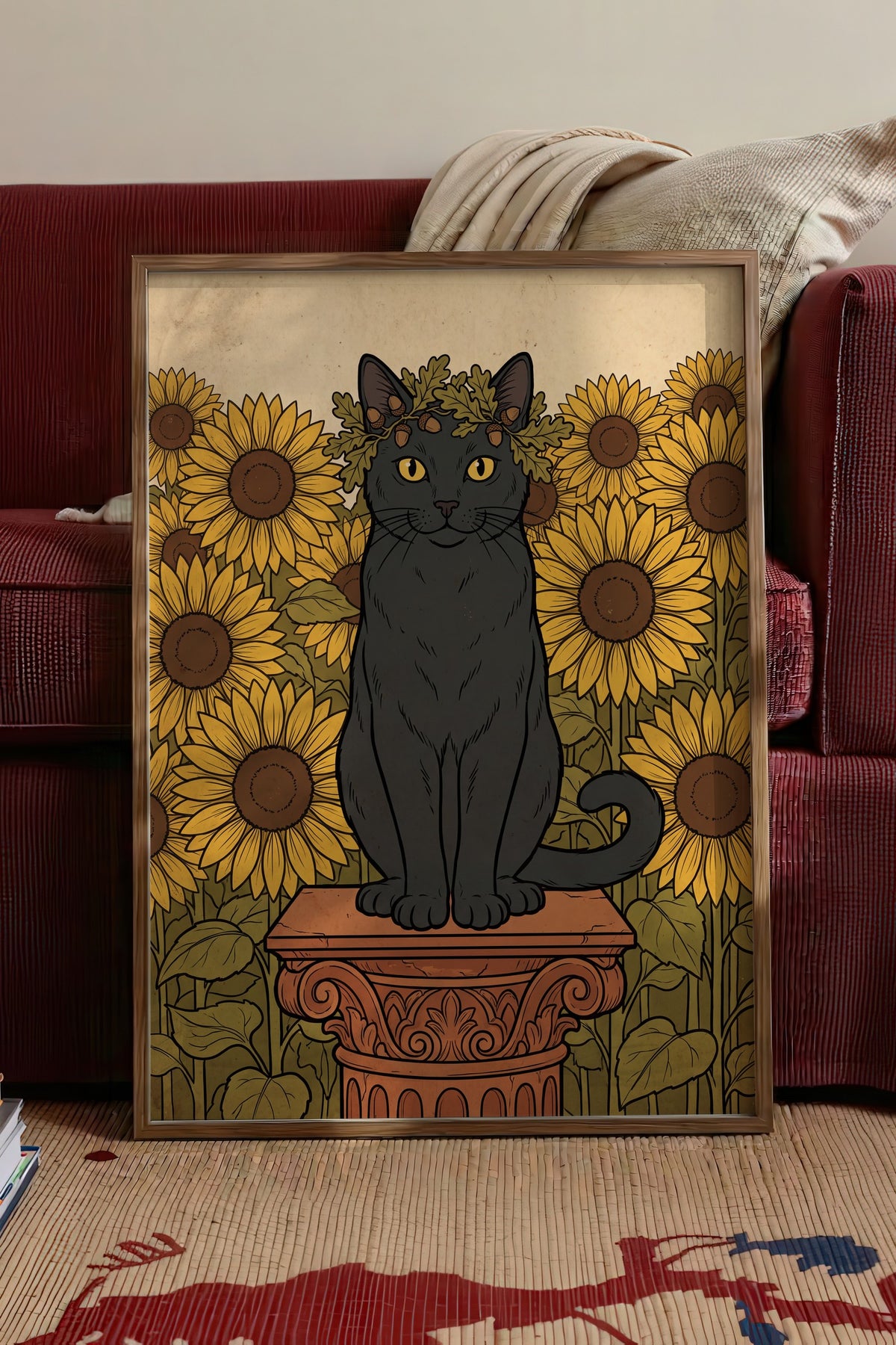 Ayçiçeği Bahçesinde Taç Takan Kedi Poster – Kahverengi Çerçeveli Tablo