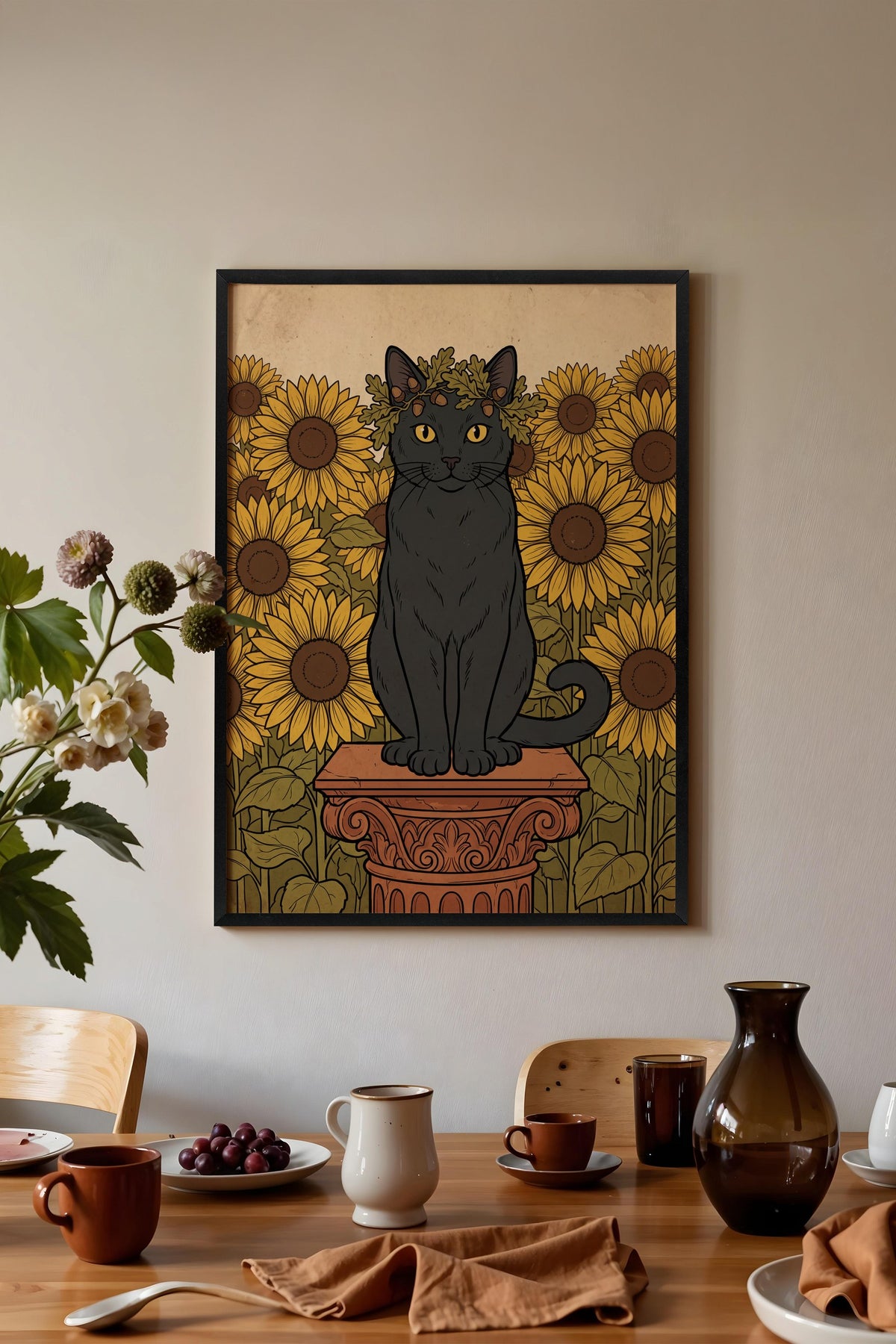 Ayçiçeği Bahçesinde Taç Takan Kedi Poster – Siyah Çerçeveli Tablo