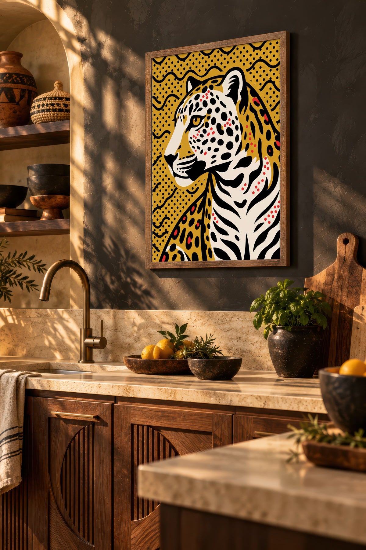 Benekli Leopar Portresi Poster – Kahverengi Çerçeveli Tablo