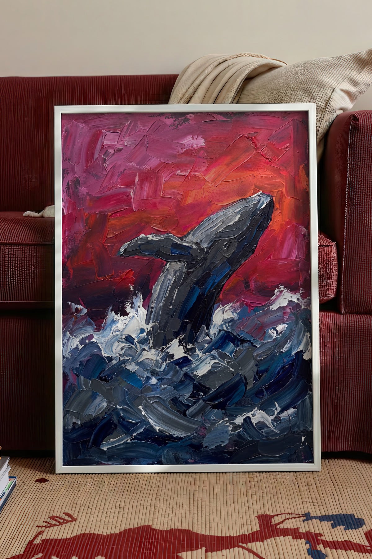 Kızıl Gökyüzünde Sıçrayan Balina Poster – Beyaz Çerçeveli Tablo