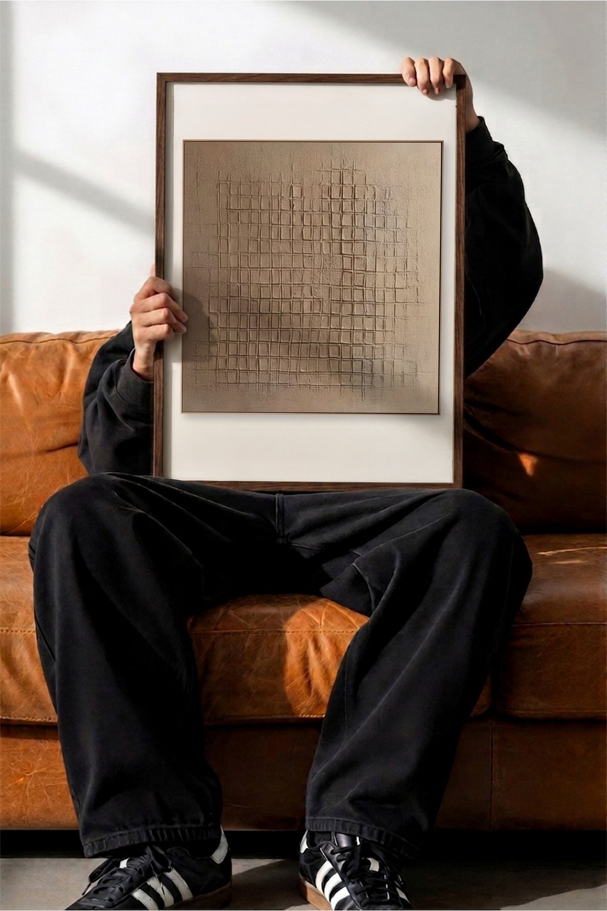 Dokulu Izgara Deseni Poster – Kahverengi Çerçeveli Tablo