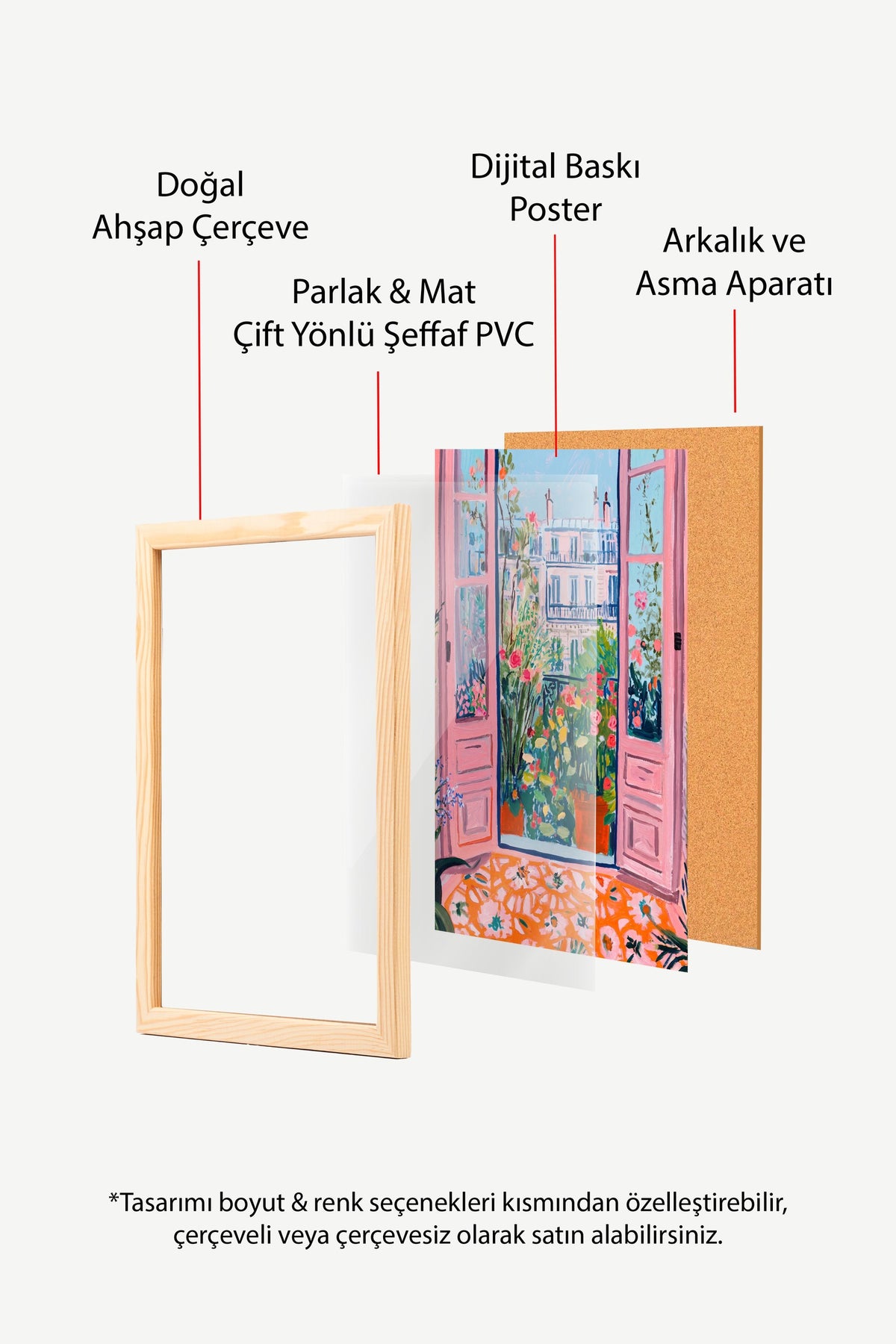 Çiçekli Balkon Manzaralı Pembe Kapılar Poster – Ahşap Çerçeveli Tablo