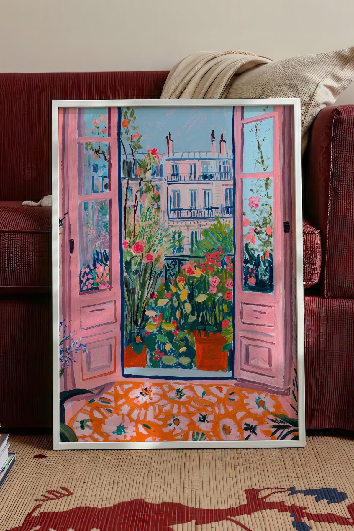 Çiçekli Balkon Manzaralı Pembe Kapılar Poster – Beyaz Çerçeveli Tablo