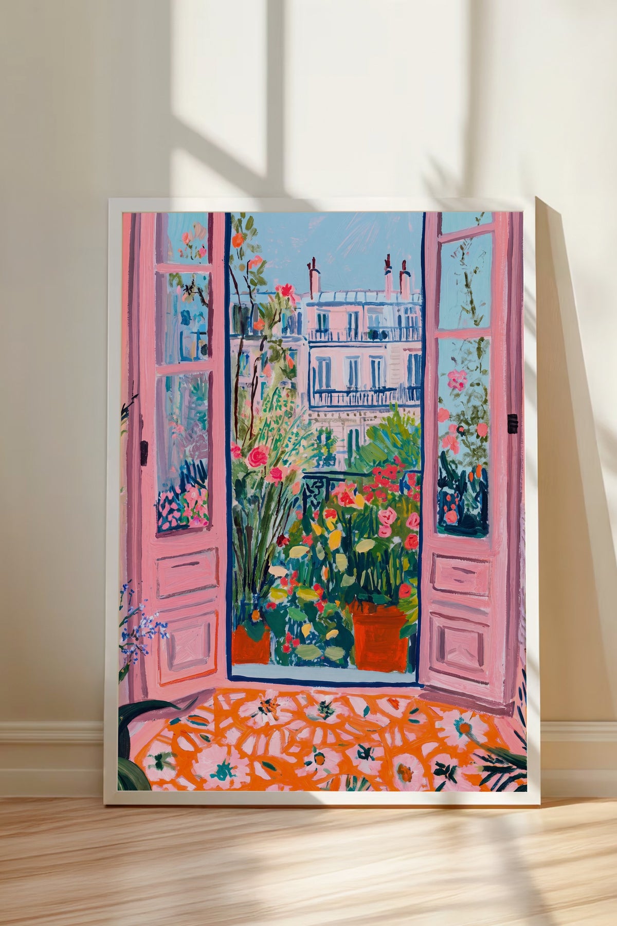 Çiçekli Balkon Manzaralı Pembe Kapılar Poster – Beyaz Çerçeveli Tablo