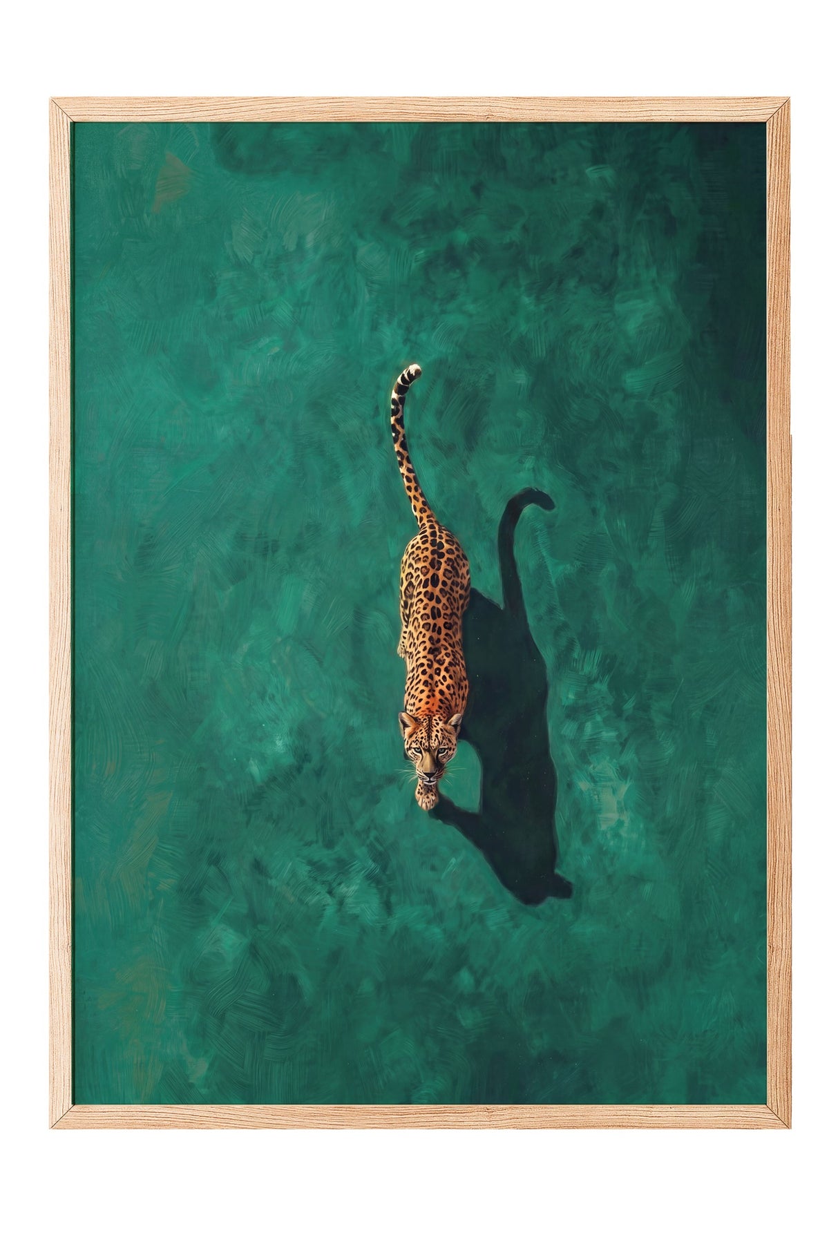 Yeşil Zeminde Yürüyen Leopar Poster – Ahşap Çerçeveli Tablo