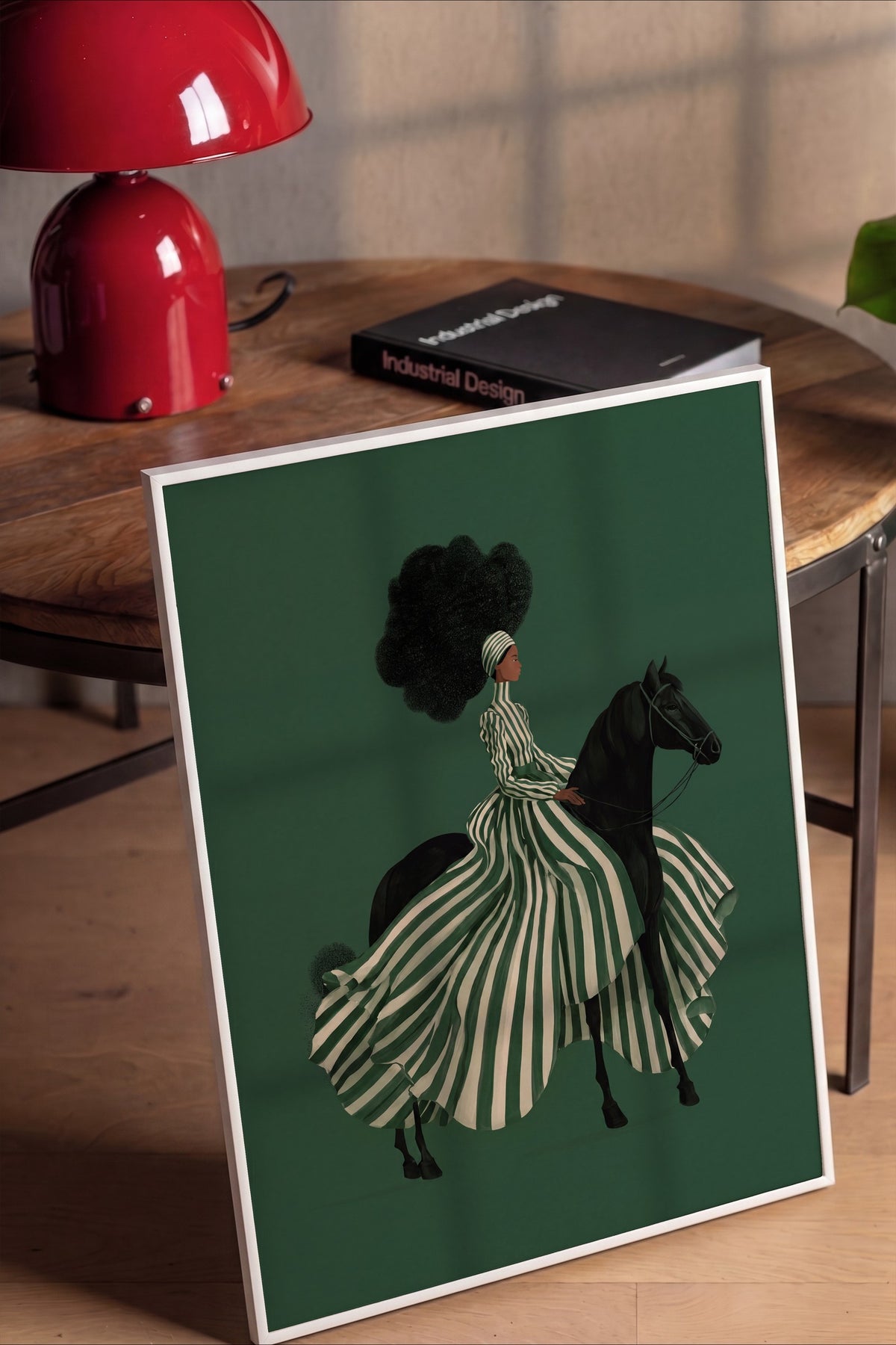 Çizgili Elbiseli Atlı Kadın Poster – Beyaz Çerçeveli Tablo