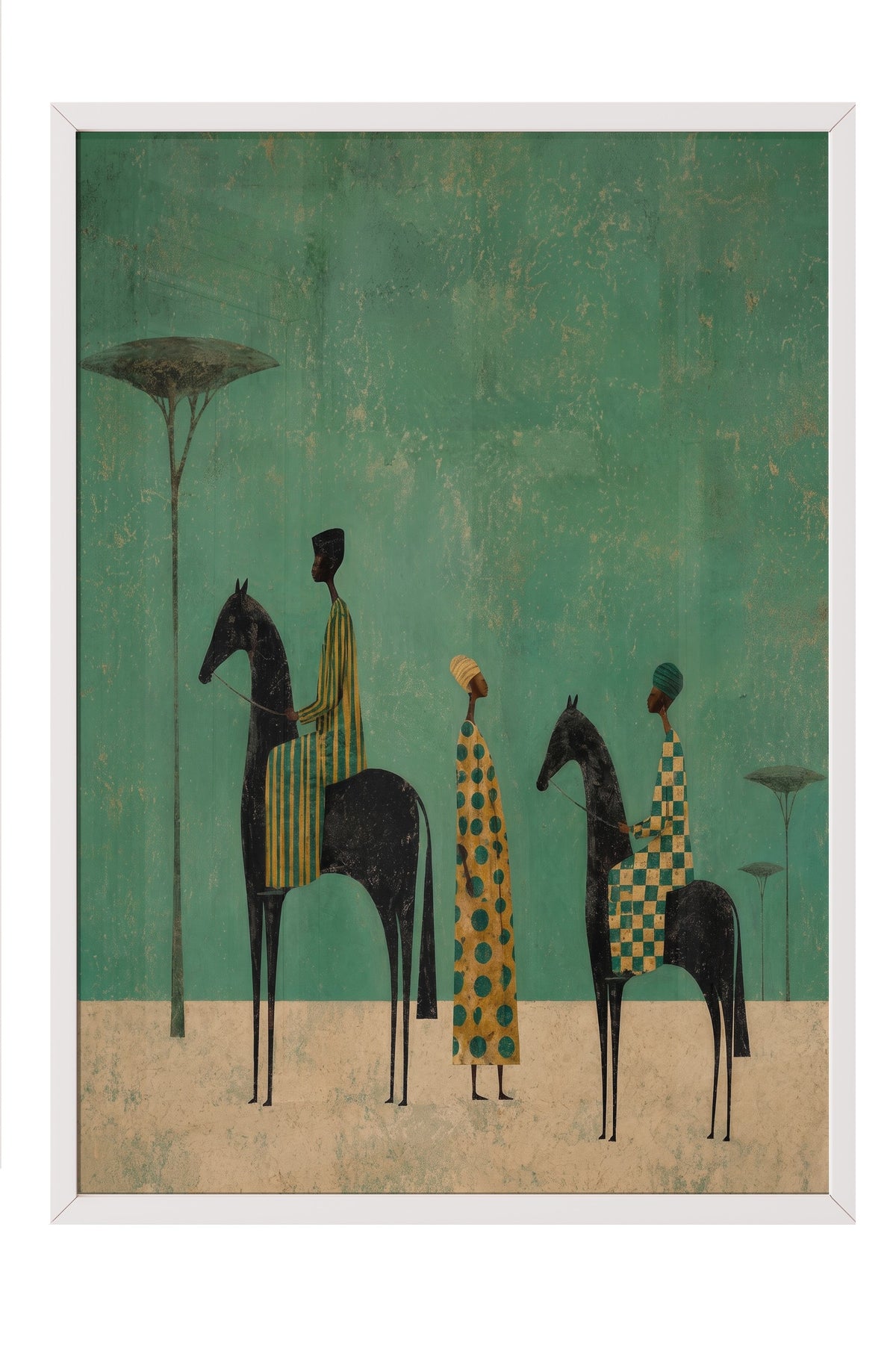 Atlı Figürler ve Palmiye Ağaçları Poster – Beyaz Çerçeveli Tablo