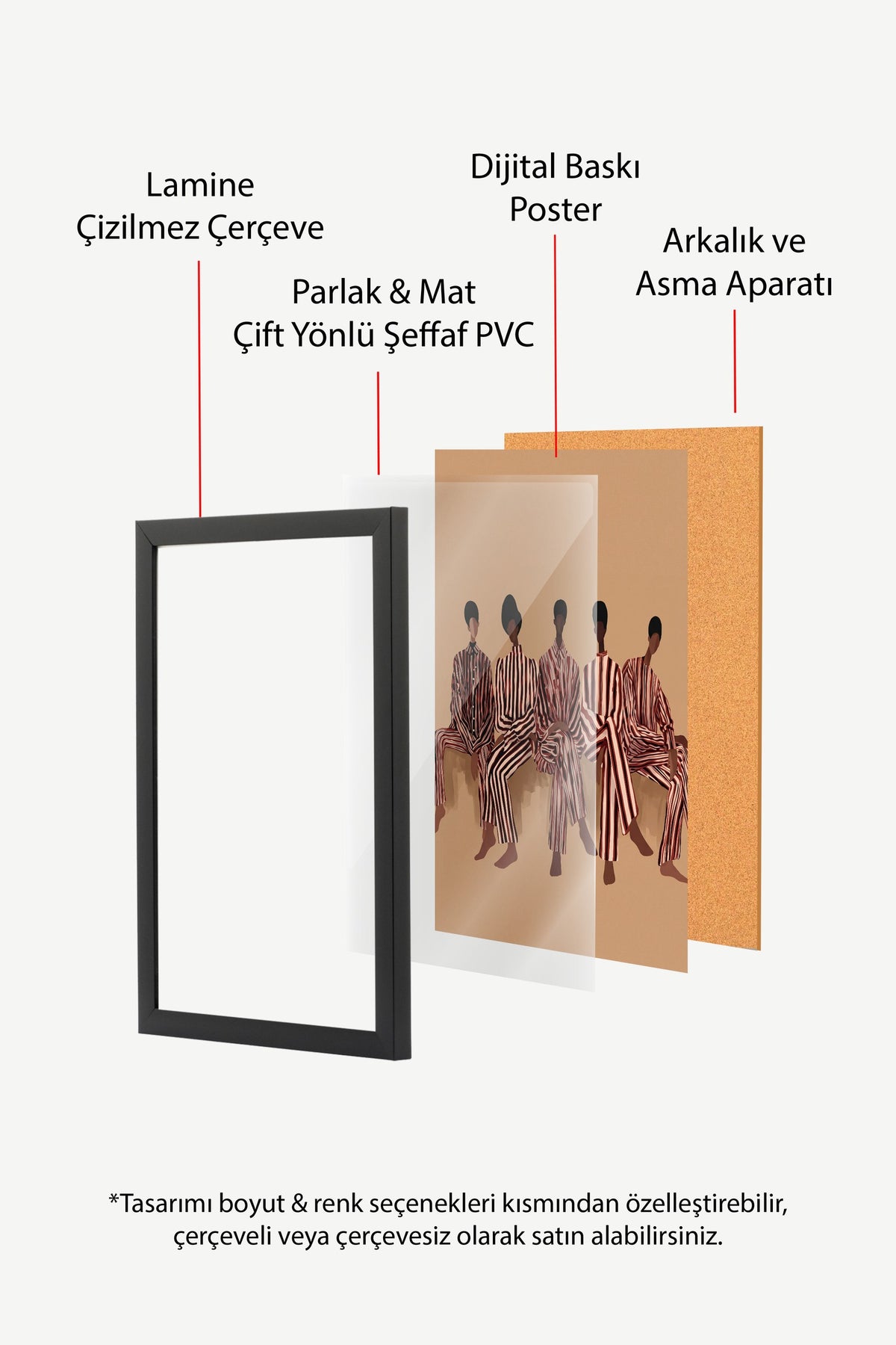 Çizgili Desenli Beş Figür Kompozisyonu Poster – Siyah Çerçeveli Tablo