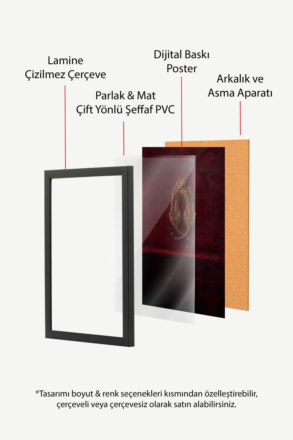 Kırmızı Kadifede Sarılan Leoparlar Poster – Siyah Çerçeveli Tablo