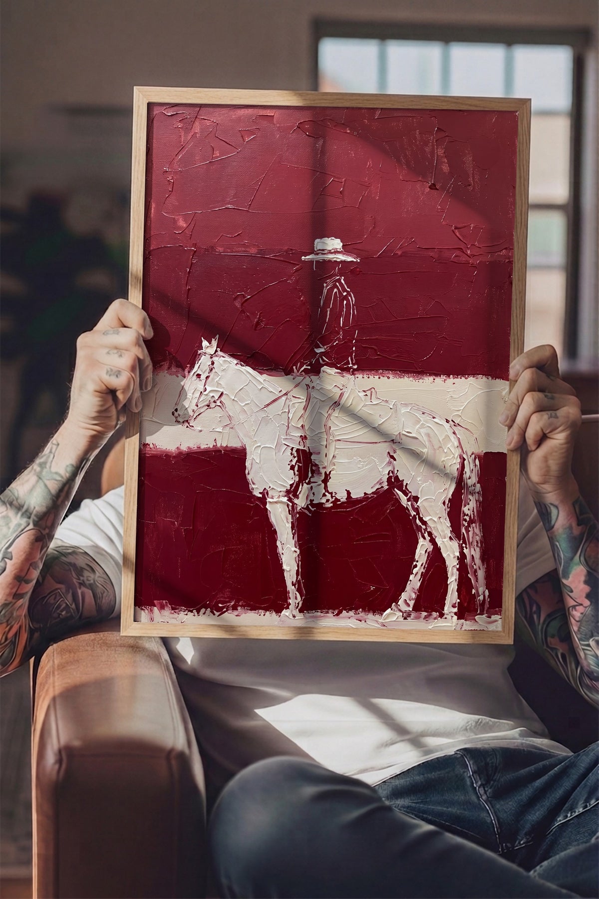 At Üzerinde Şapkalı Binici Poster – Ahşap Çerçeveli Tablo