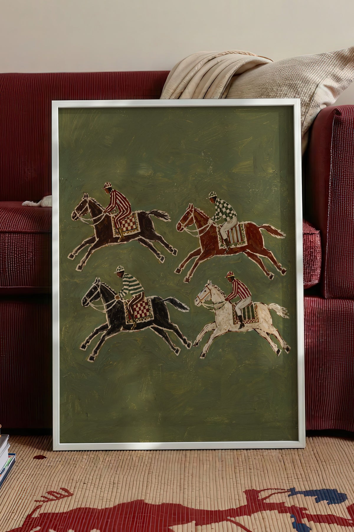 Jokeyli At Yarışı Kompozisyonu Poster – Beyaz Çerçeveli Tablo