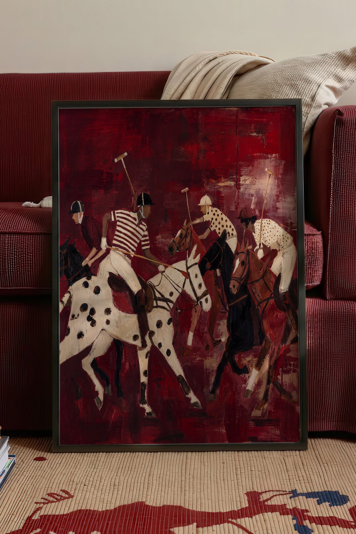 Kırmızı Zeminde Polo Oyuncuları Poster – Siyah Çerçeveli Tablo