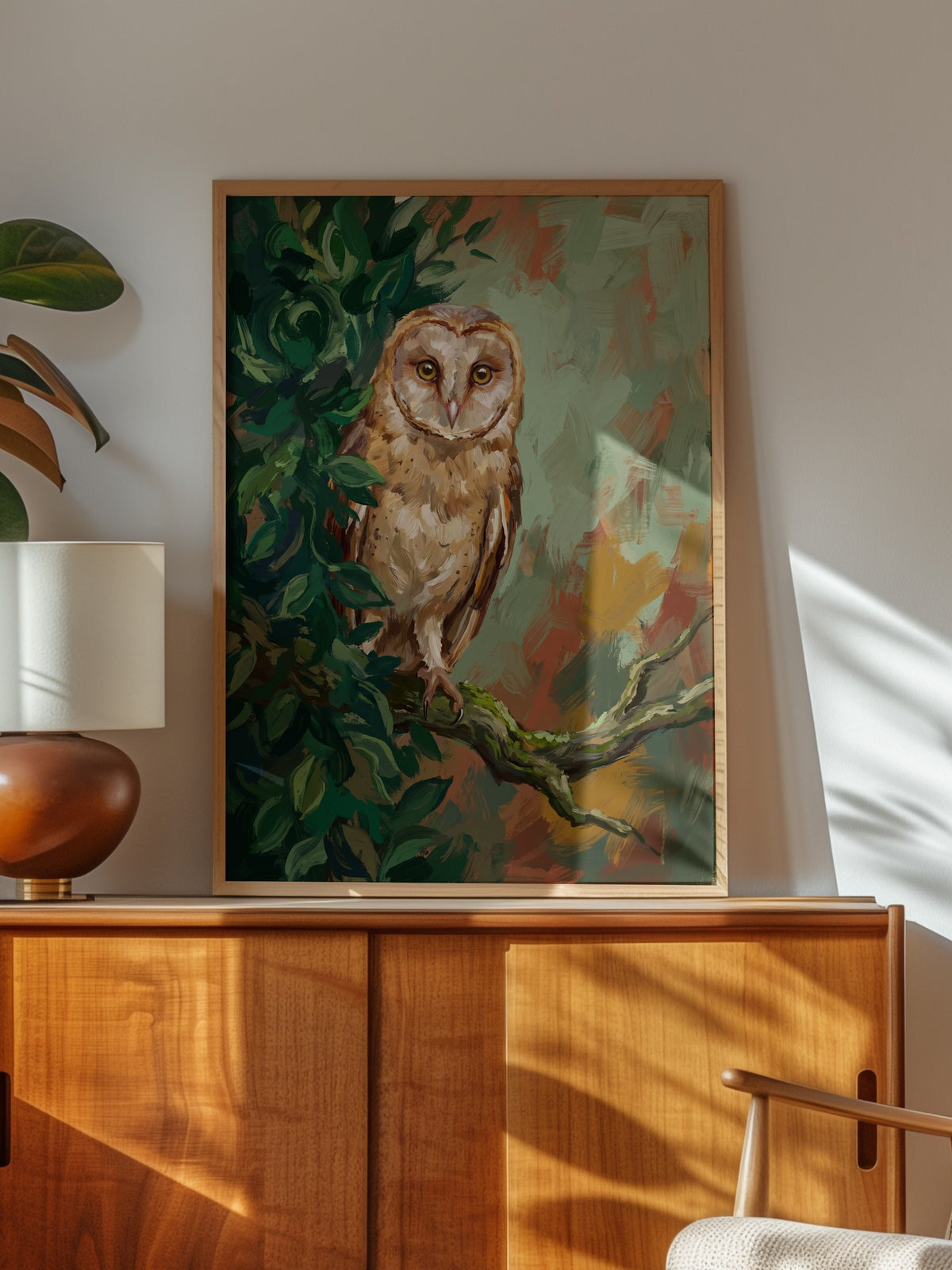 Yeşil Yapraklar Arasında Baykuş Poster – Ahşap Çerçeveli Tablo