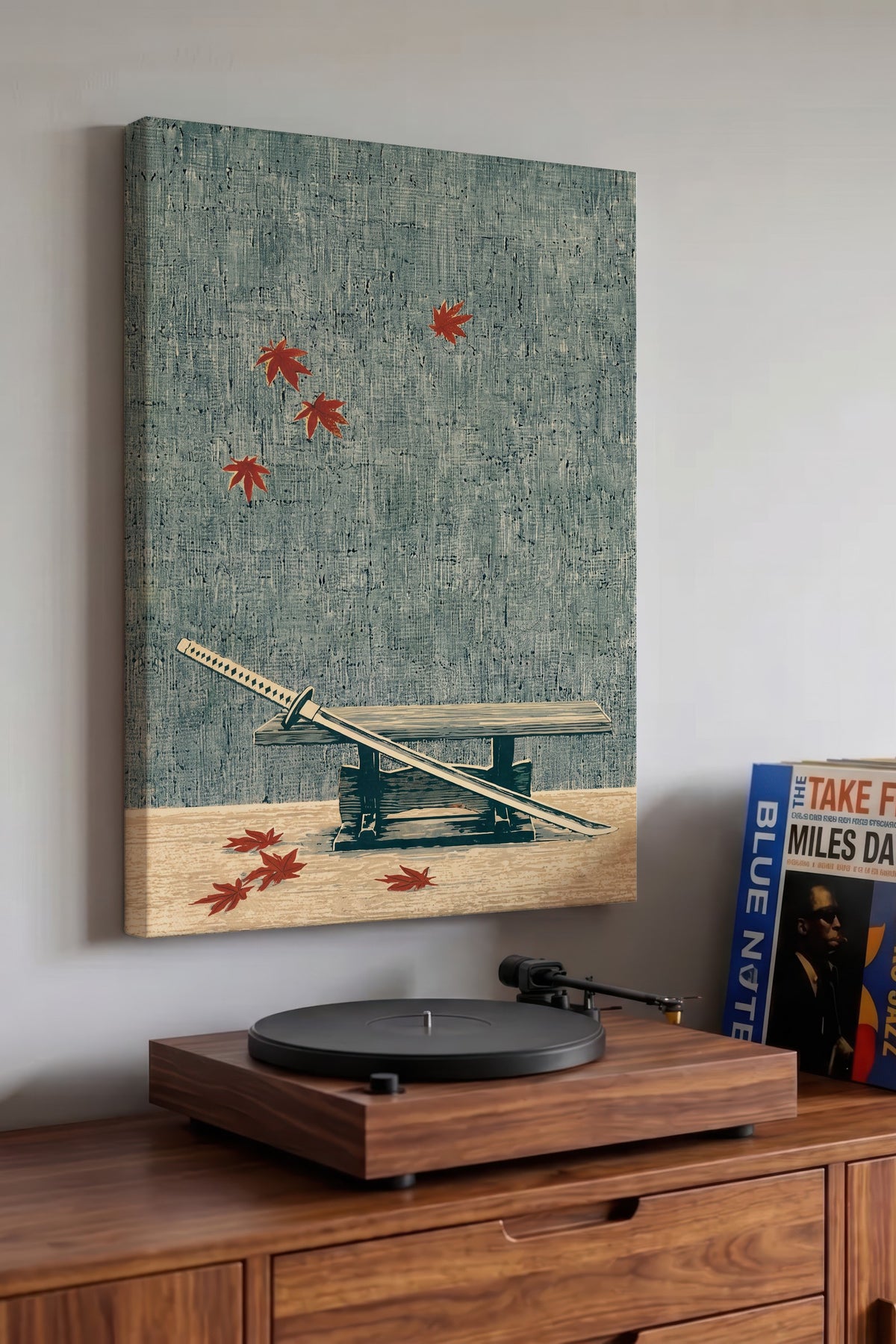 Doğal Temalı Katana ve Yapraklar Kanvas Tablo