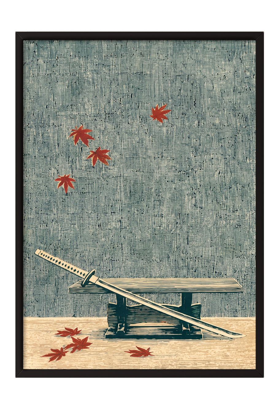 Doğal Temalı Katana ve Yapraklar Poster – Siyah Çerçeveli Tablo