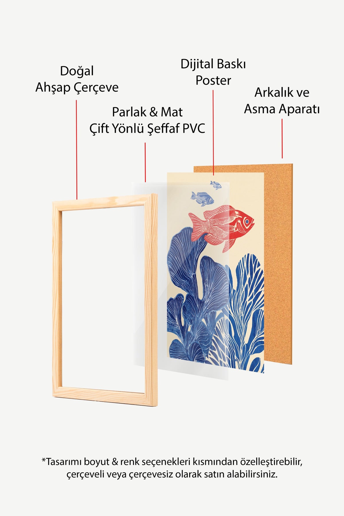 Kırmızı Balık ve Mercan Baskısı Poster – Ahşap Çerçeveli Tablo