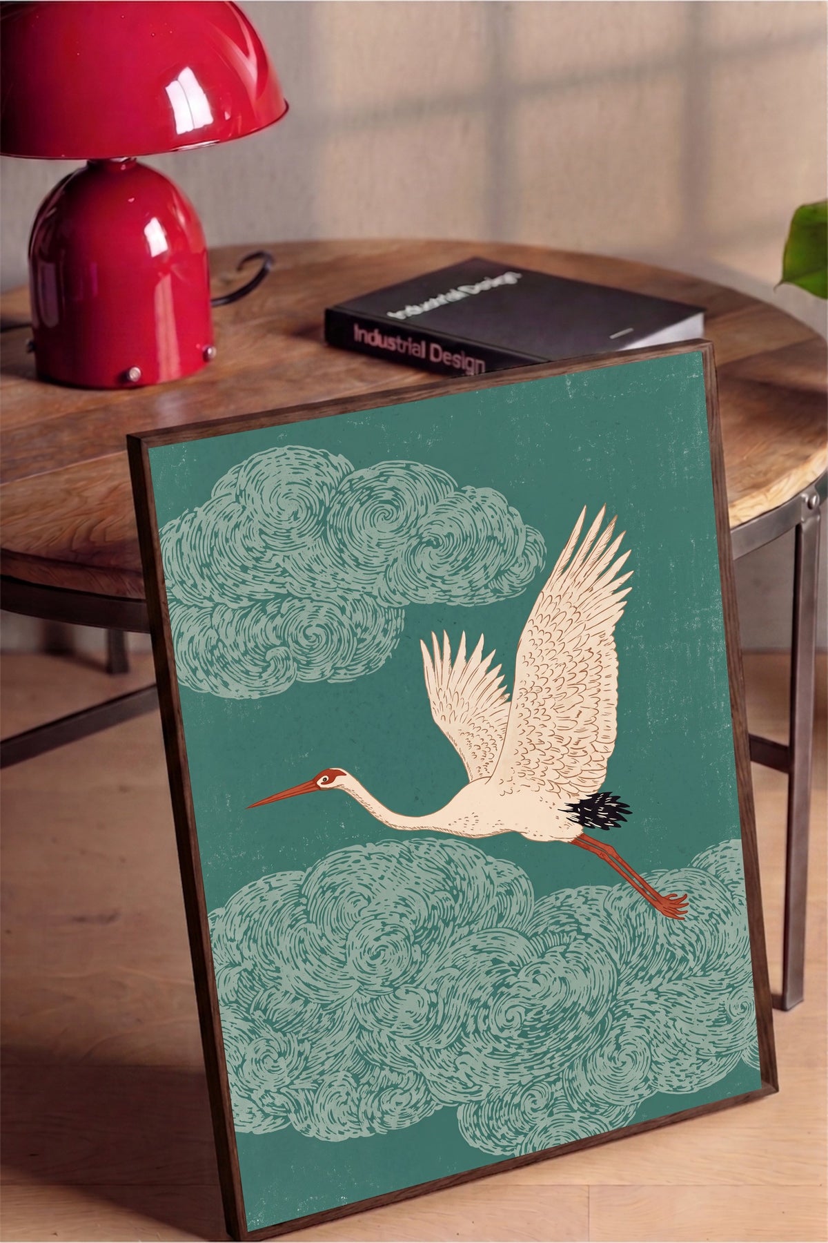 Bulutlar Arasında Turna Kuşu Poster – Kahverengi Çerçeveli Tablo