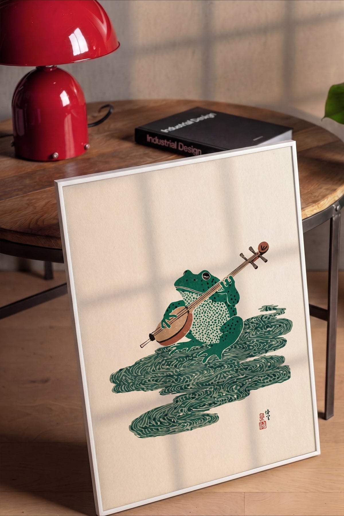 Şamisen Çalan Kurbağa Poster – Beyaz Çerçeveli Tablo