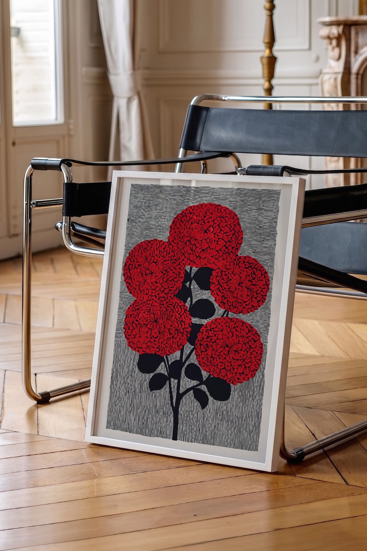 Kırmızı Dahlia Buketi Poster – Beyaz Çerçeveli Tablo