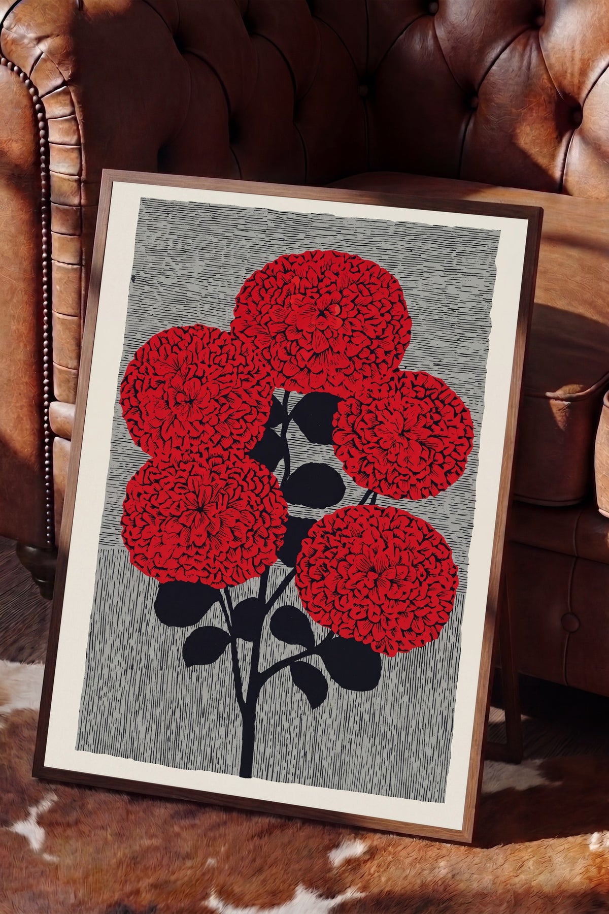 Kırmızı Dahlia Buketi Poster – Kahverengi Çerçeveli Tablo