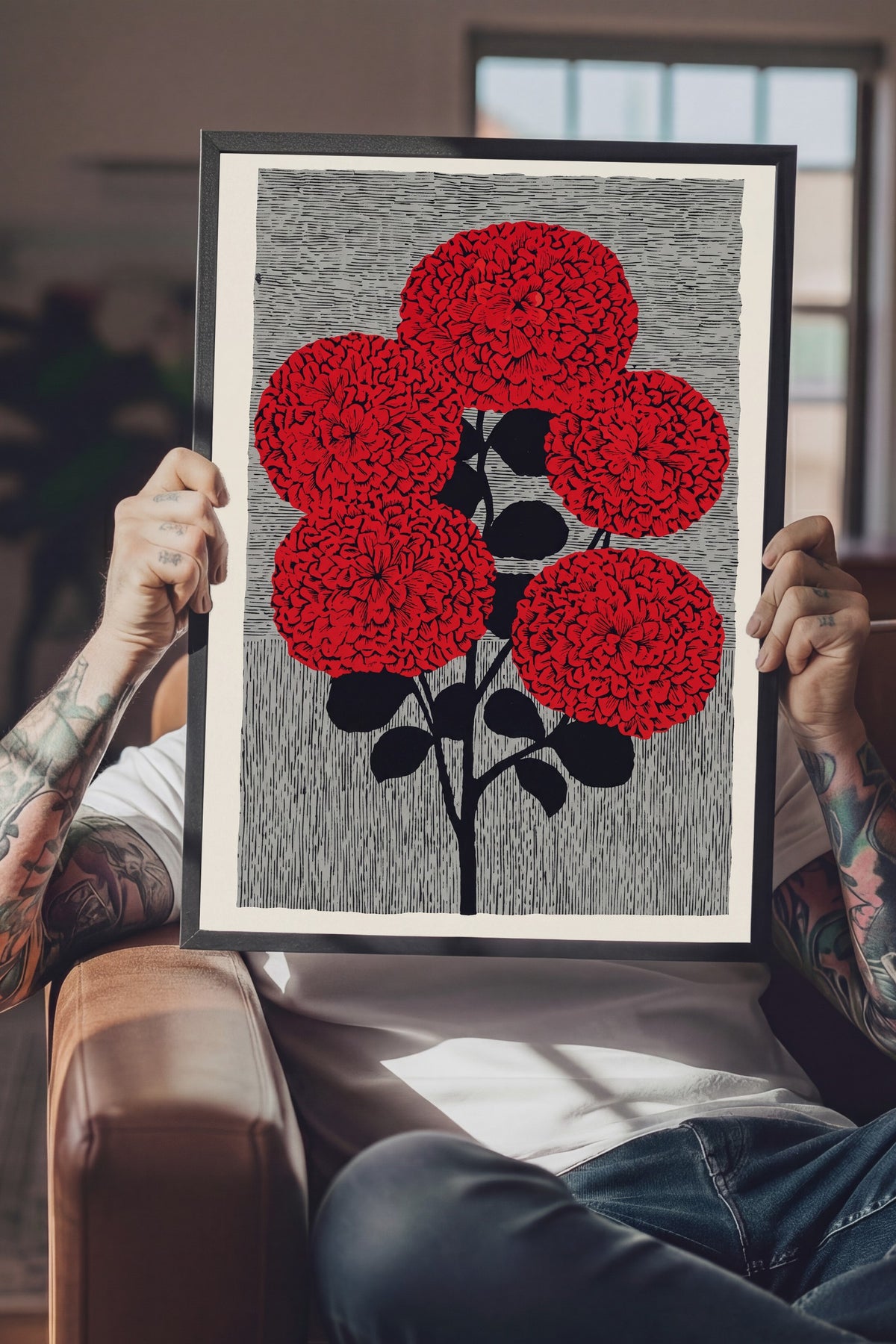 Kırmızı Dahlia Buketi Poster – Siyah Çerçeveli Tablo