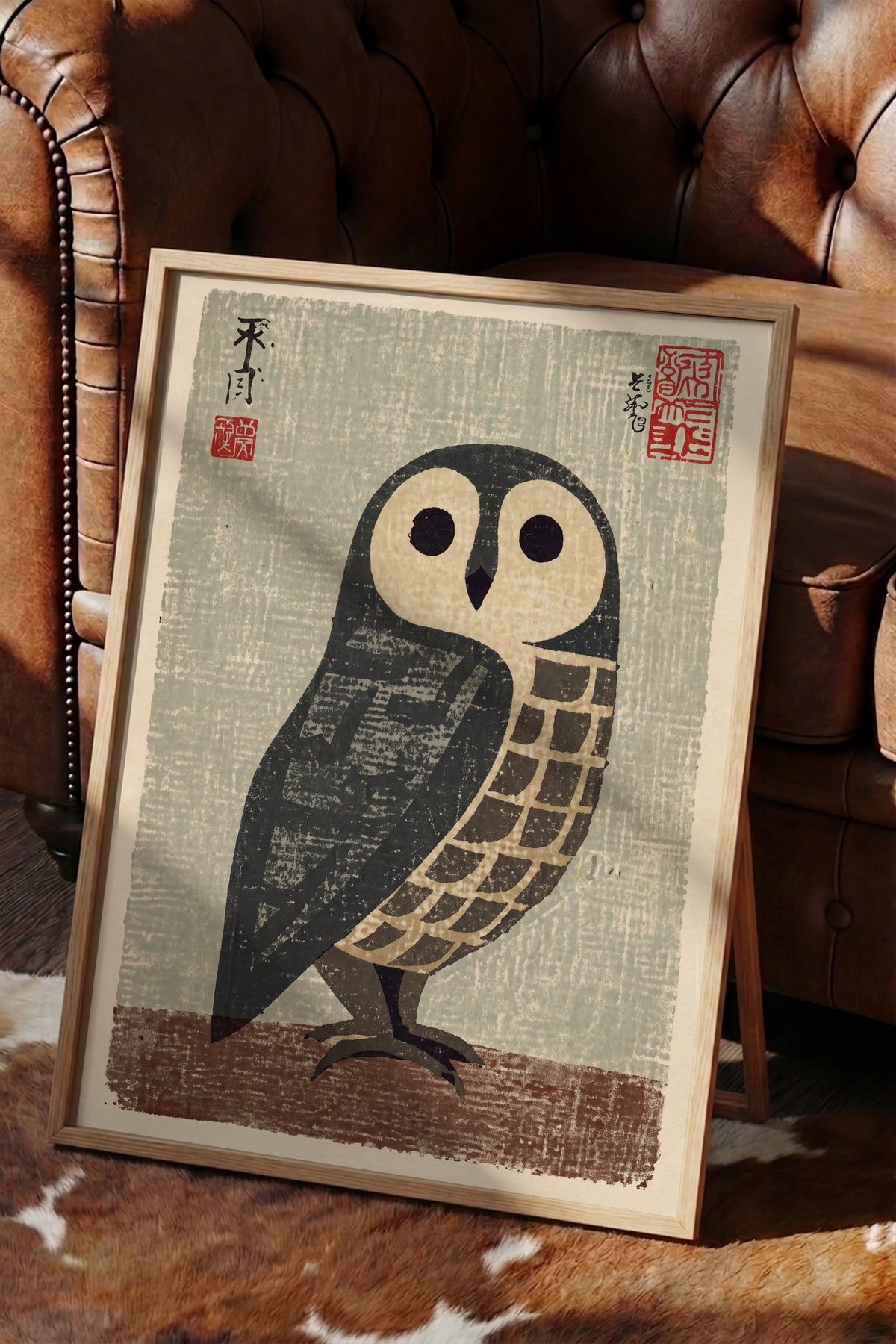 Japon Baskı Baykuş Poster – Ahşap Çerçeveli Tablo