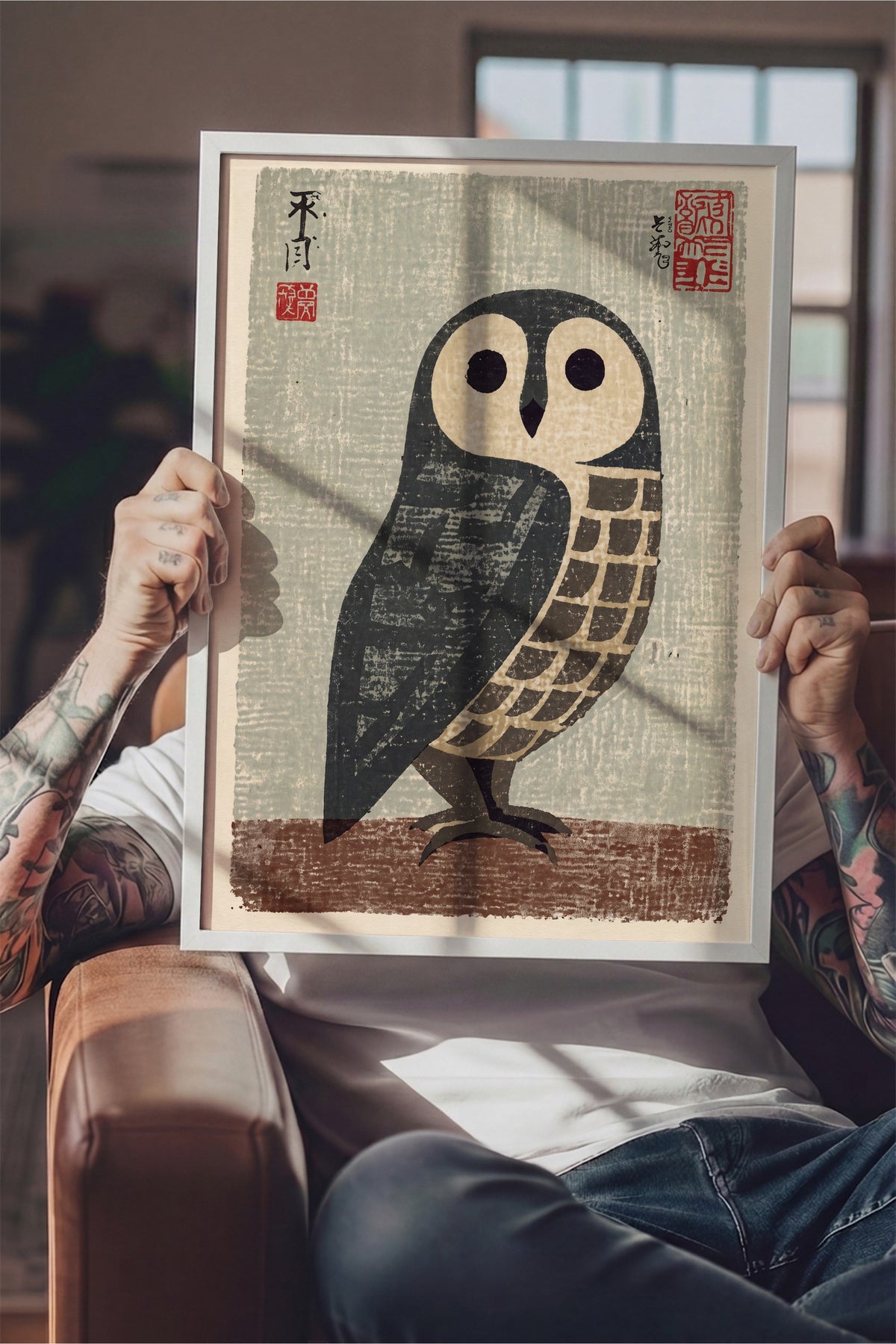 Japon Baskı Baykuş Poster – Beyaz Çerçeveli Tablo